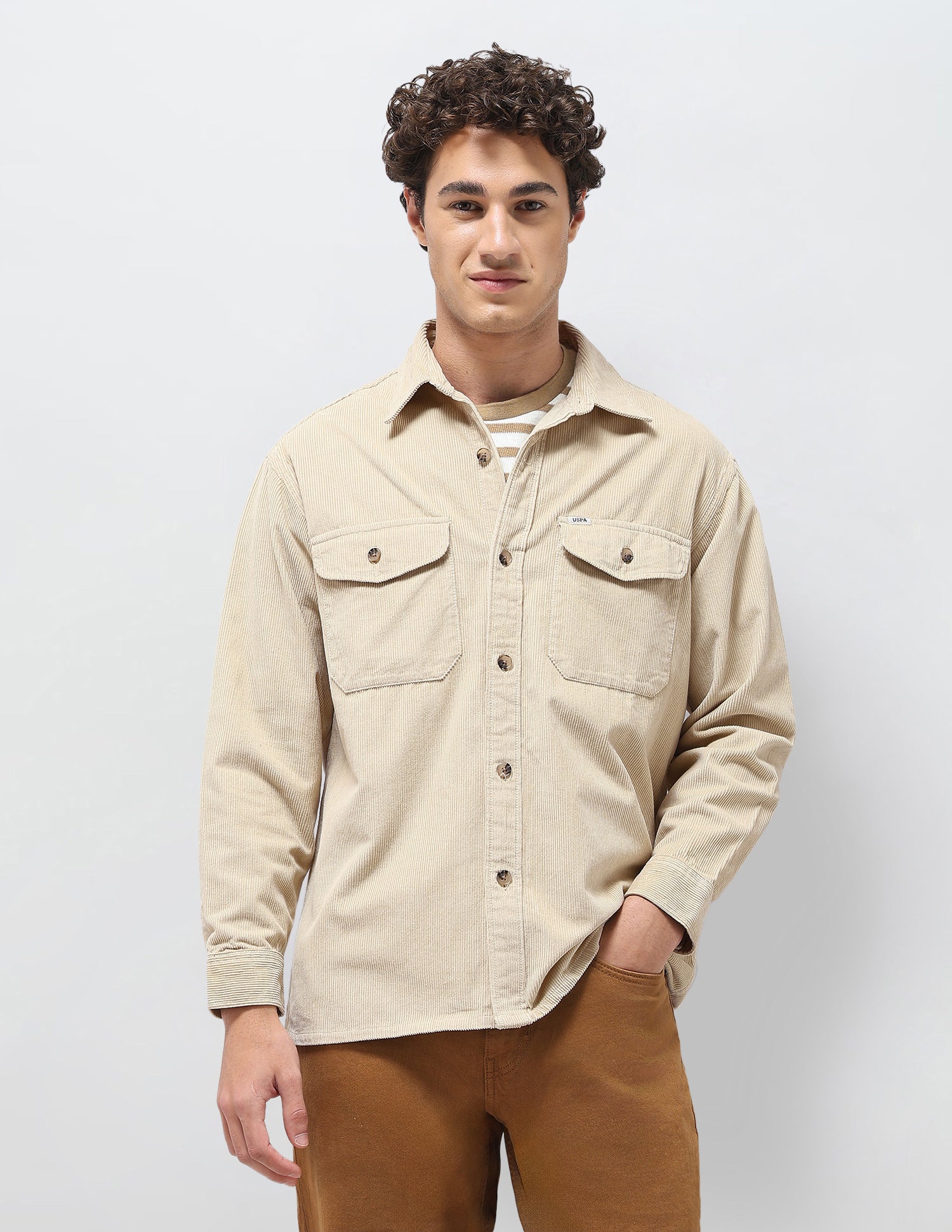 Slim Fit Corduroy Shirt Beige - U.S. Polo Assn. India | Large