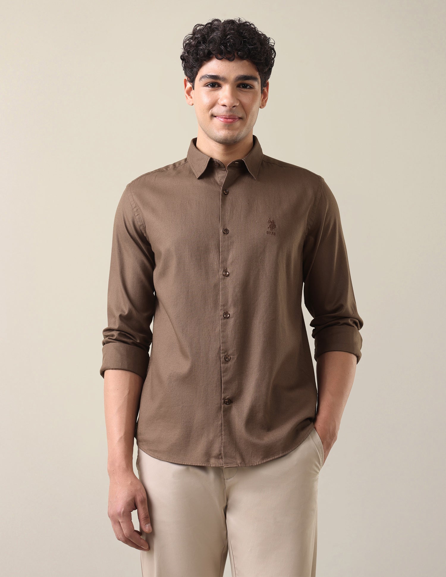 Dobby Textured Shirt Light Brown - U.S. Polo Assn. India | Large