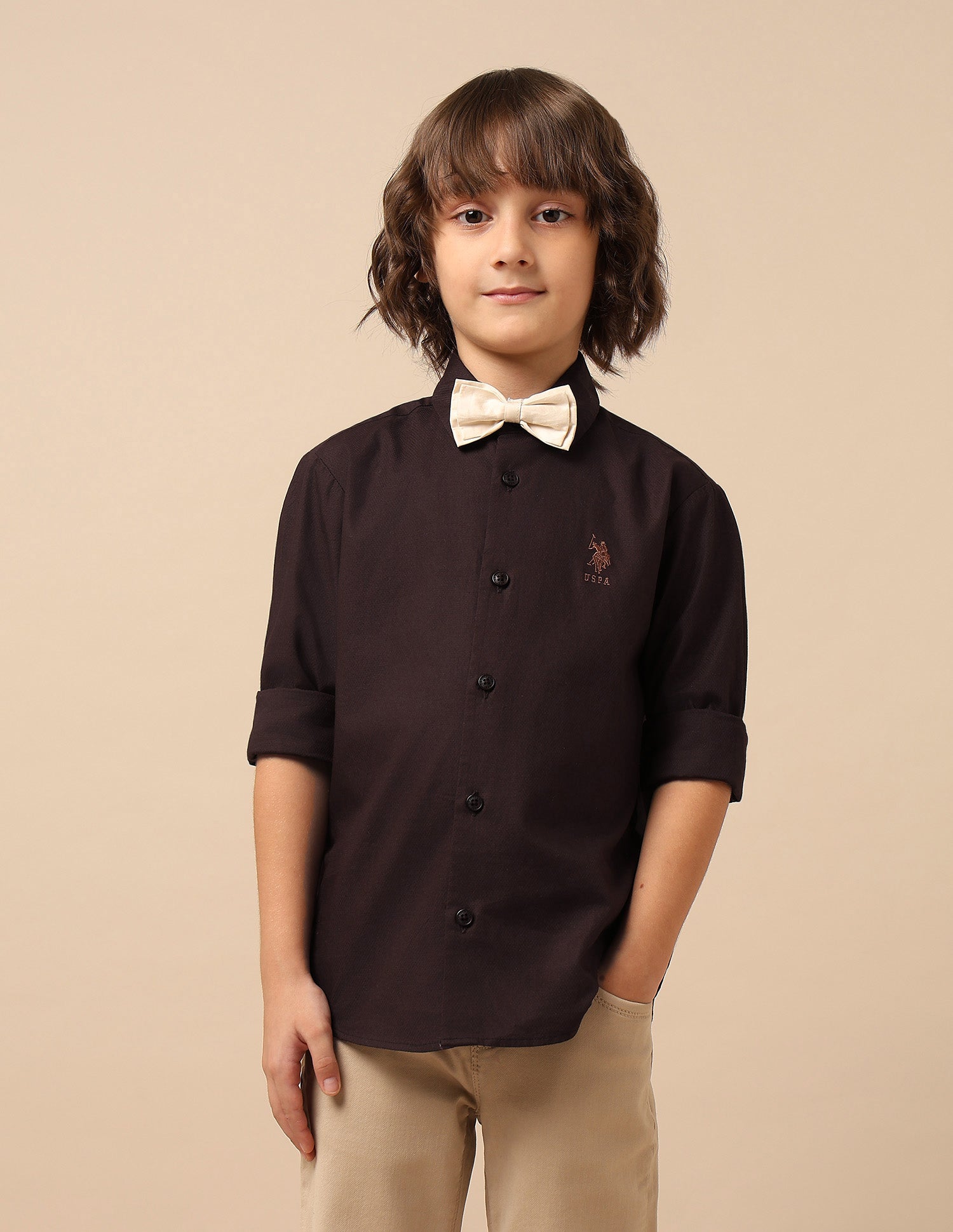 Boys Dobby Regular Fit Shirt Brown - U.S. POLO ASSN. | Large