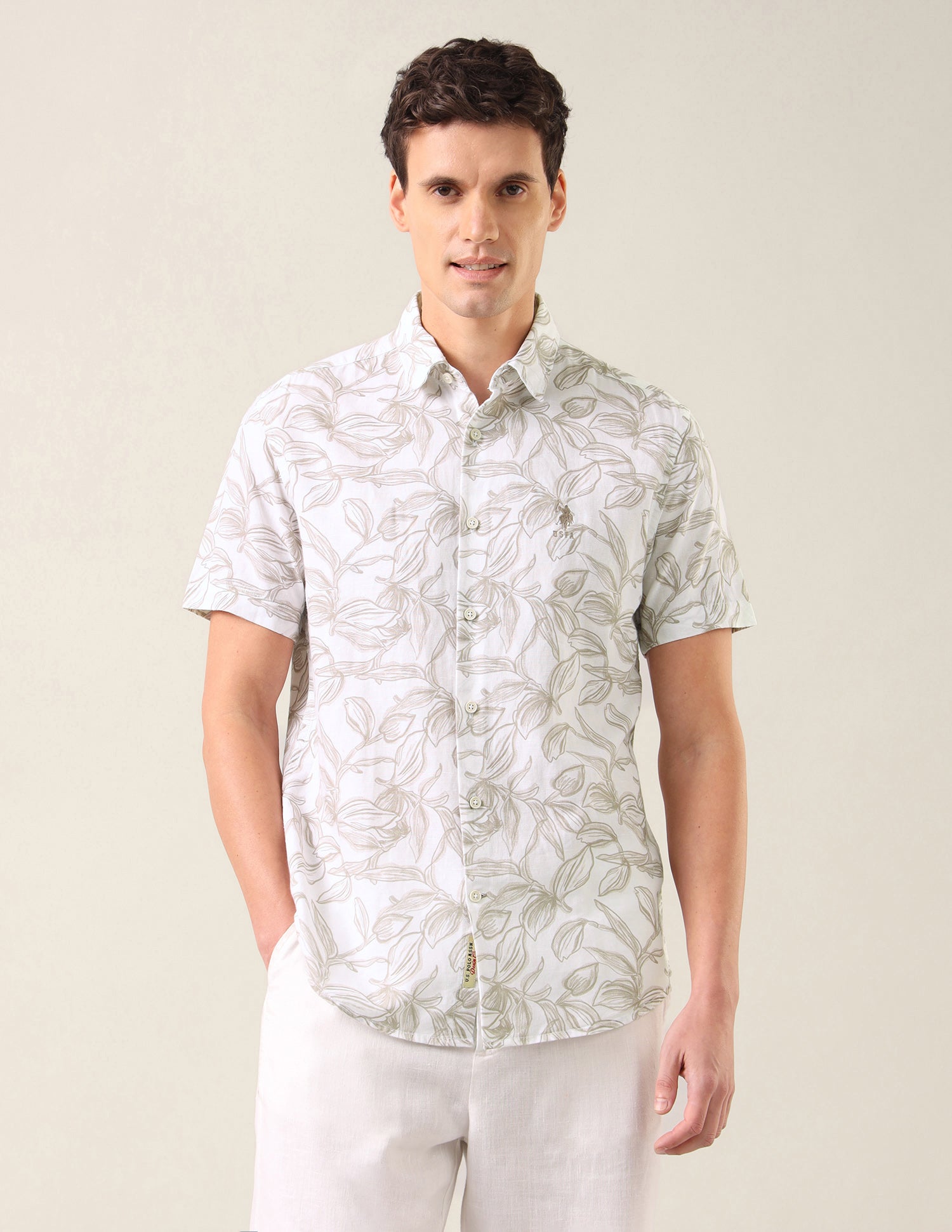 Tropical Printed Regular Fit Shirt Beige - U.S. Polo Assn. India | Large