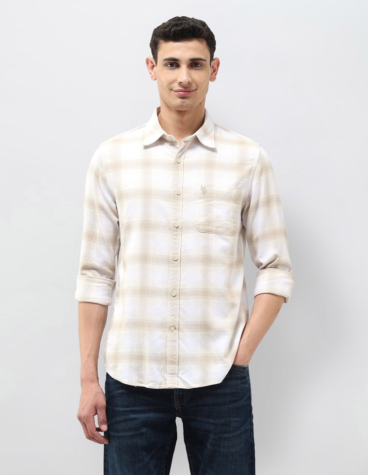 Twill Tartan Checked Shirt Beige - U.S. POLO ASSN. | Large