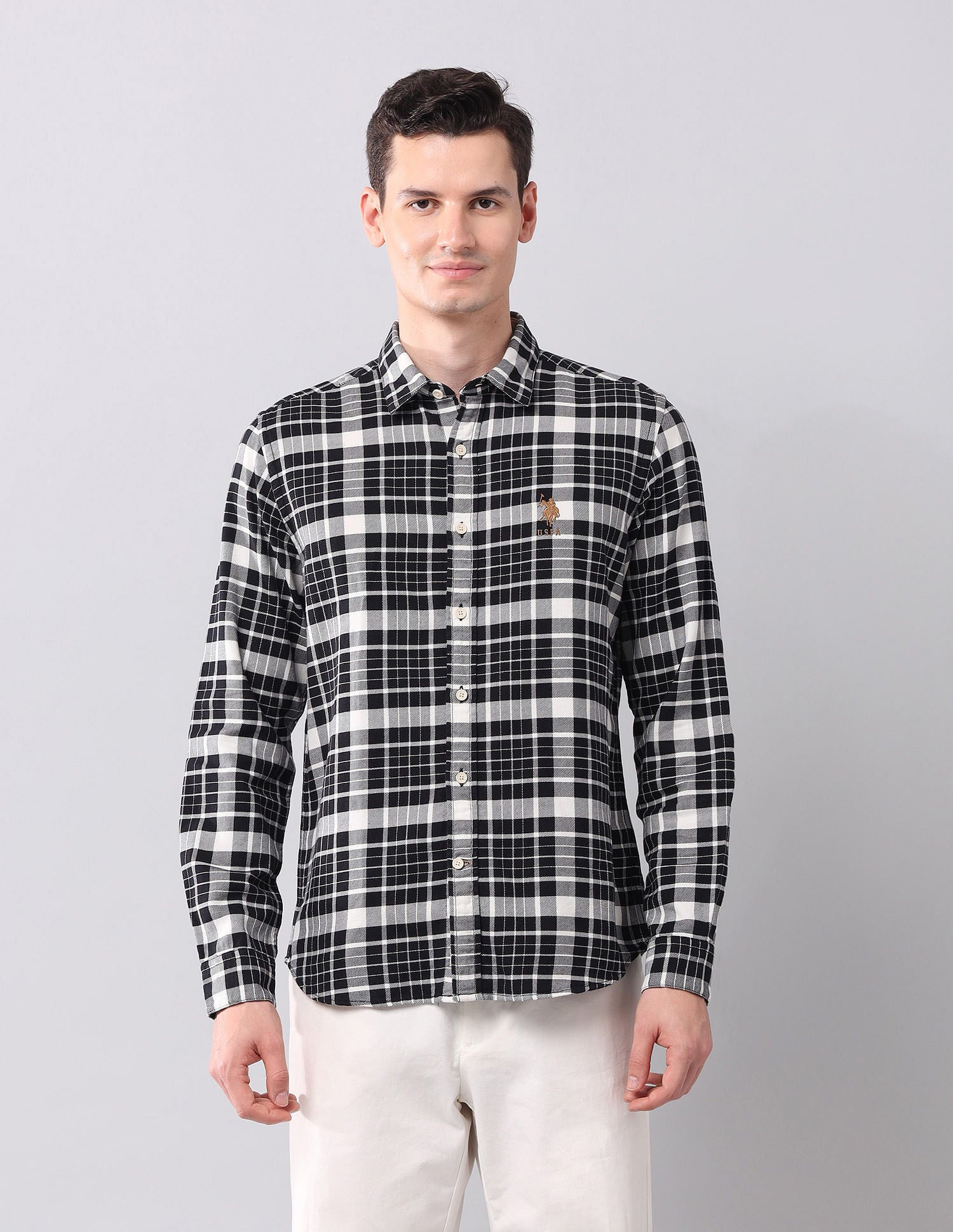 Tartan Checked Pure Cotton Shirt Black - U.S. POLO ASSN. | Large