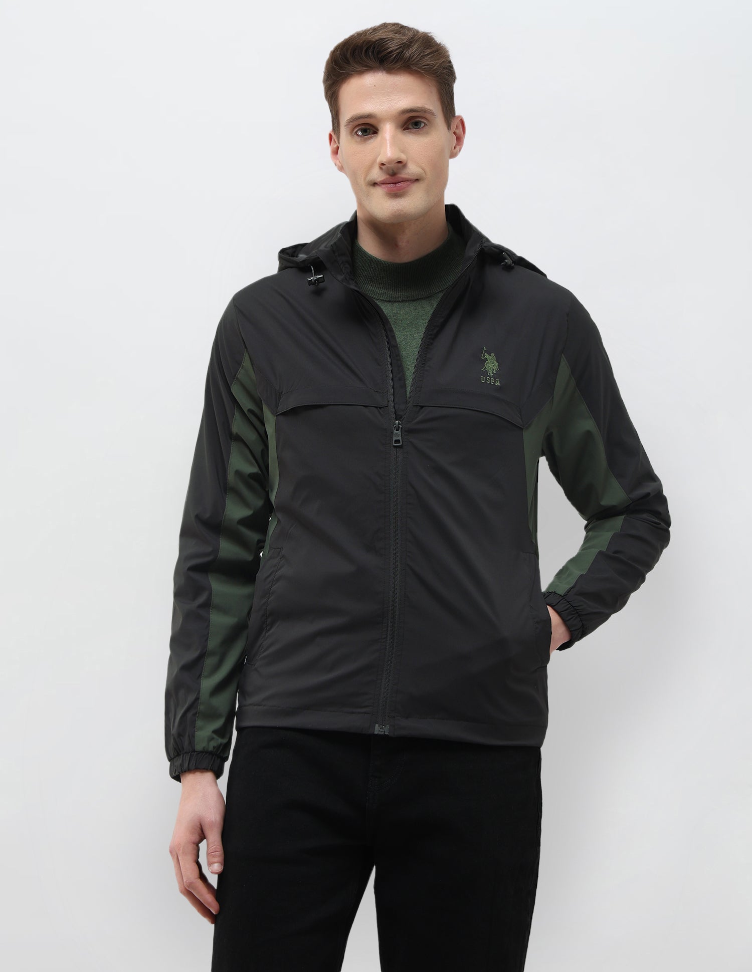 Packable Detachable Hood Colour Blocked Jacket Olive - U.S. Polo Assn. India | Large