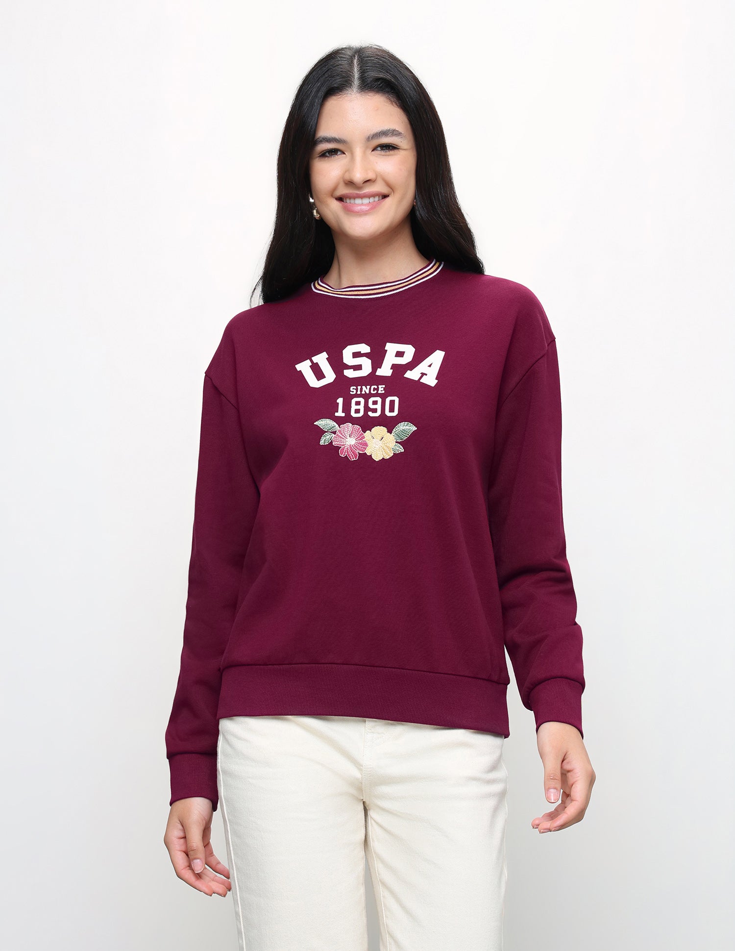 Brand Floral Embroidered Relaxed Fit Sweatshirt Maroon - U.S. Polo Assn. India | Large