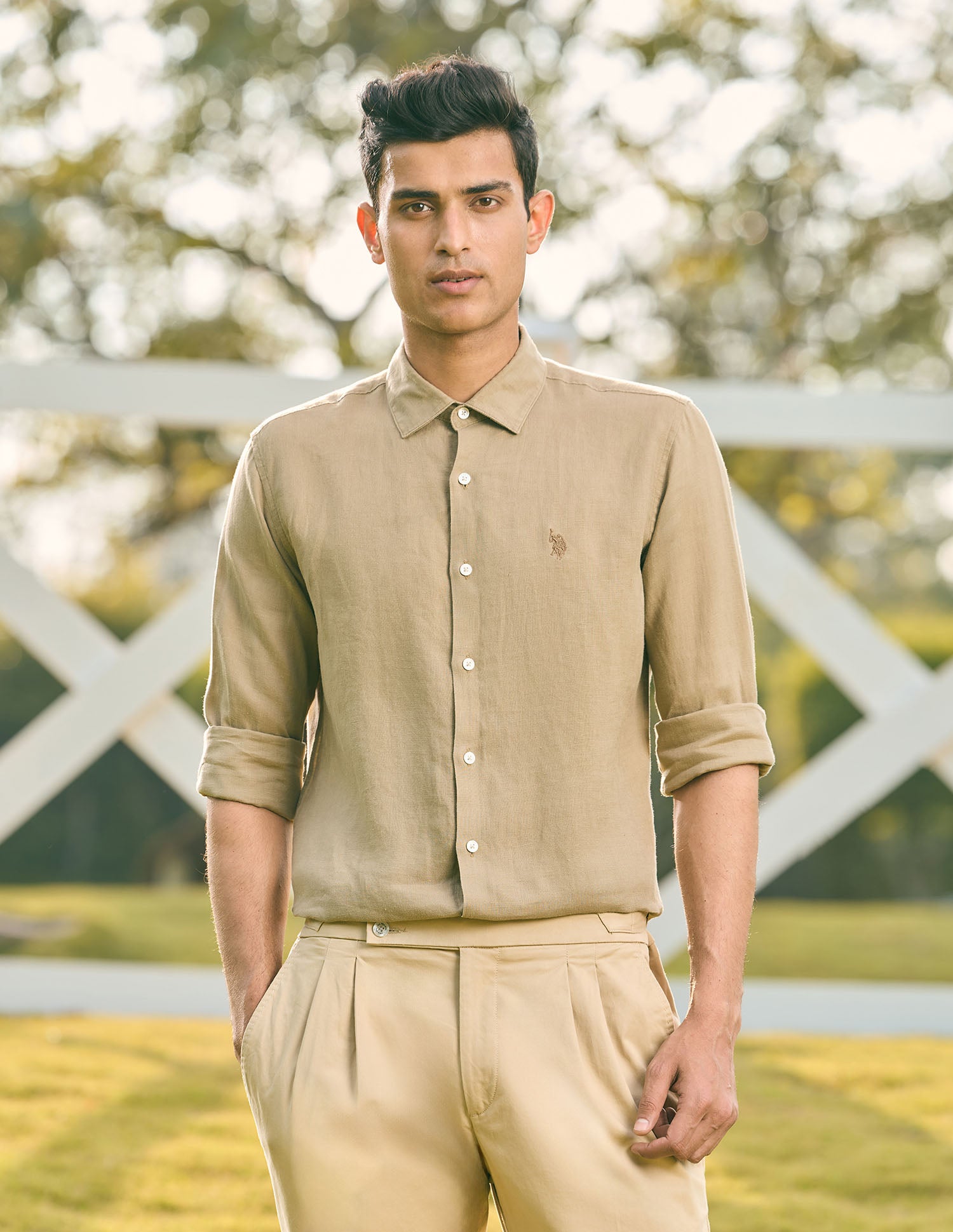 Pacho X Tailored Fit Pure Linen Shirt Khaki - U.S. POLO ASSN. | Large