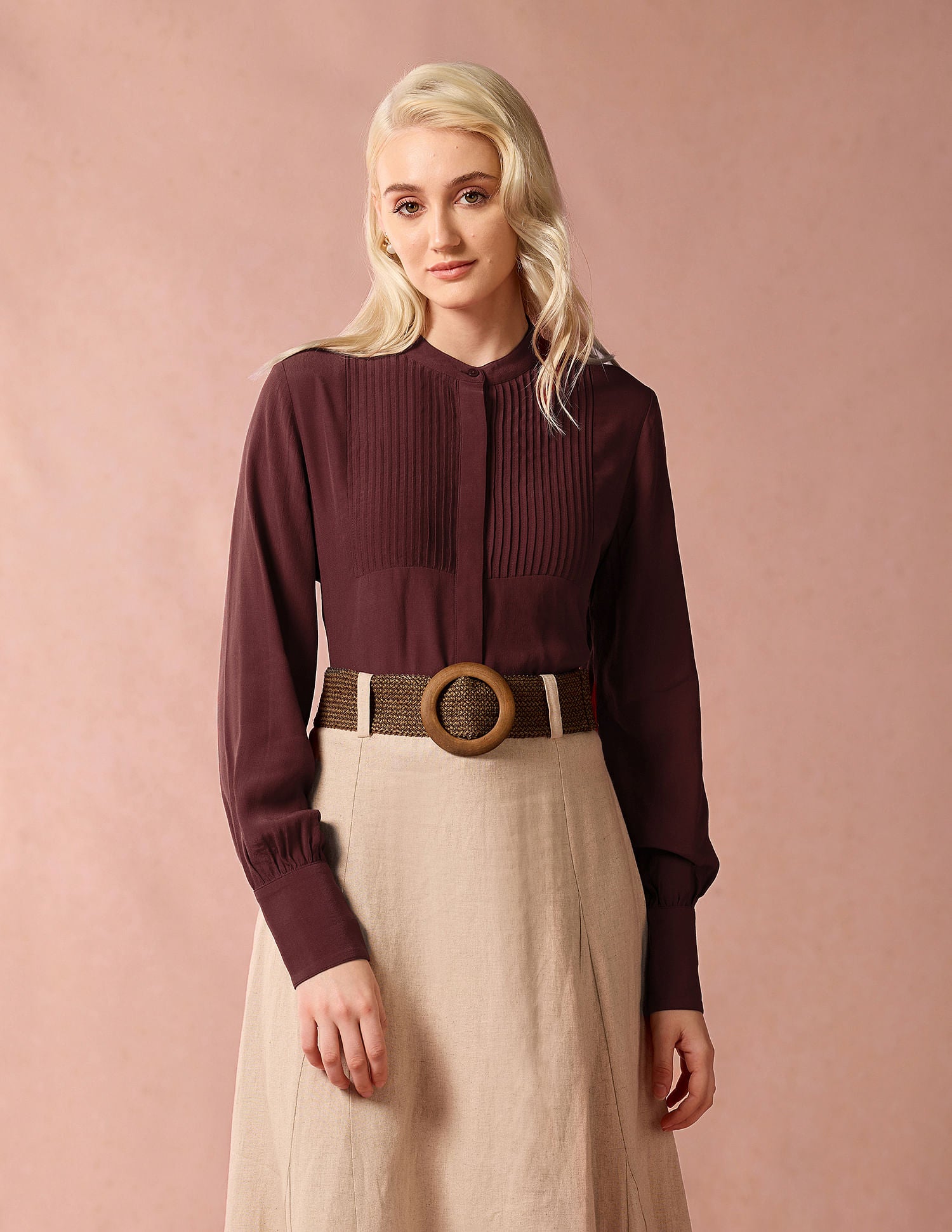 Mandarin Collar Pintucked Top Maroon - U.S. POLO ASSN. | Large