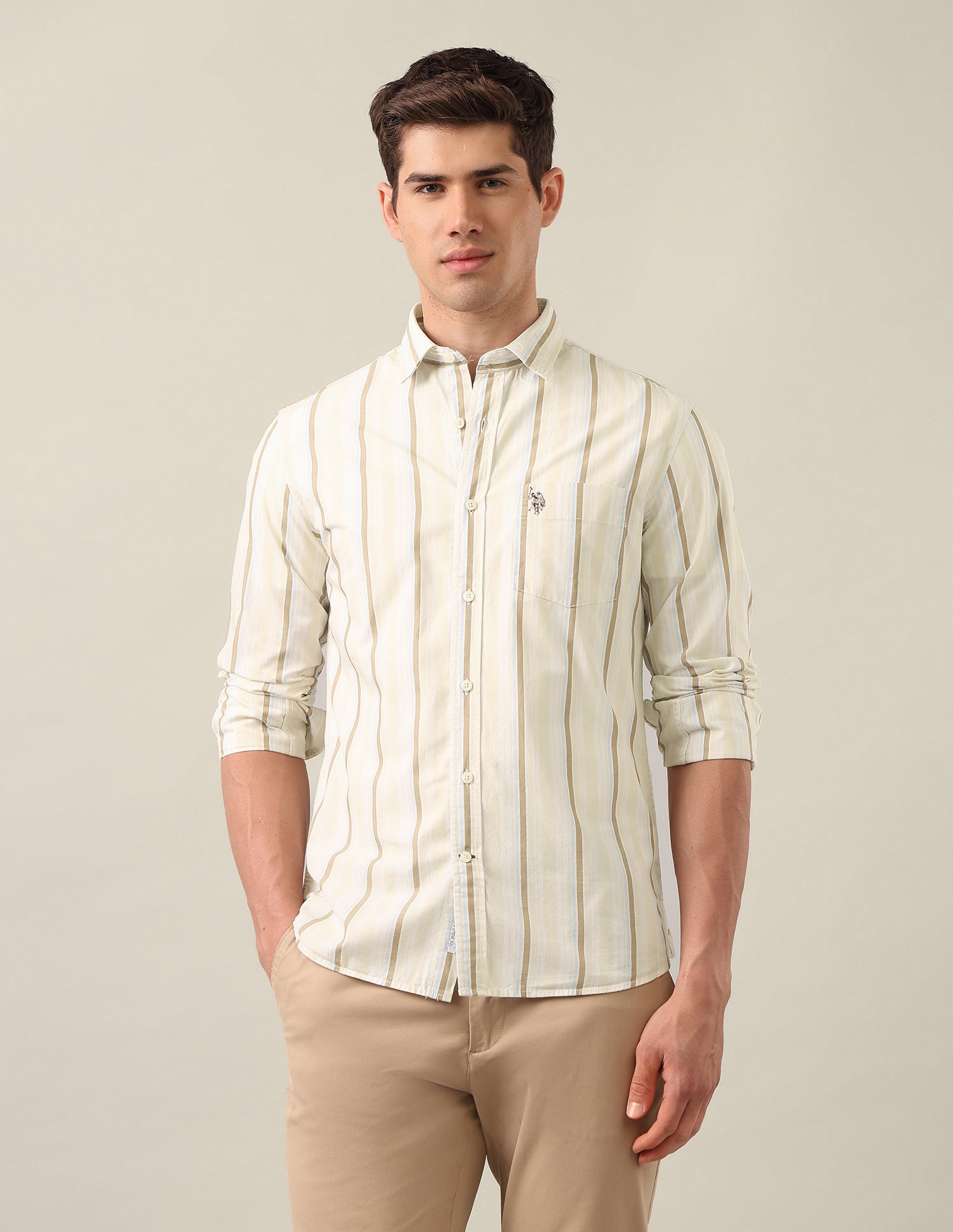 Tailored Fit Vertical Striped Shirt Beige - U.S. Polo Assn. India | Large