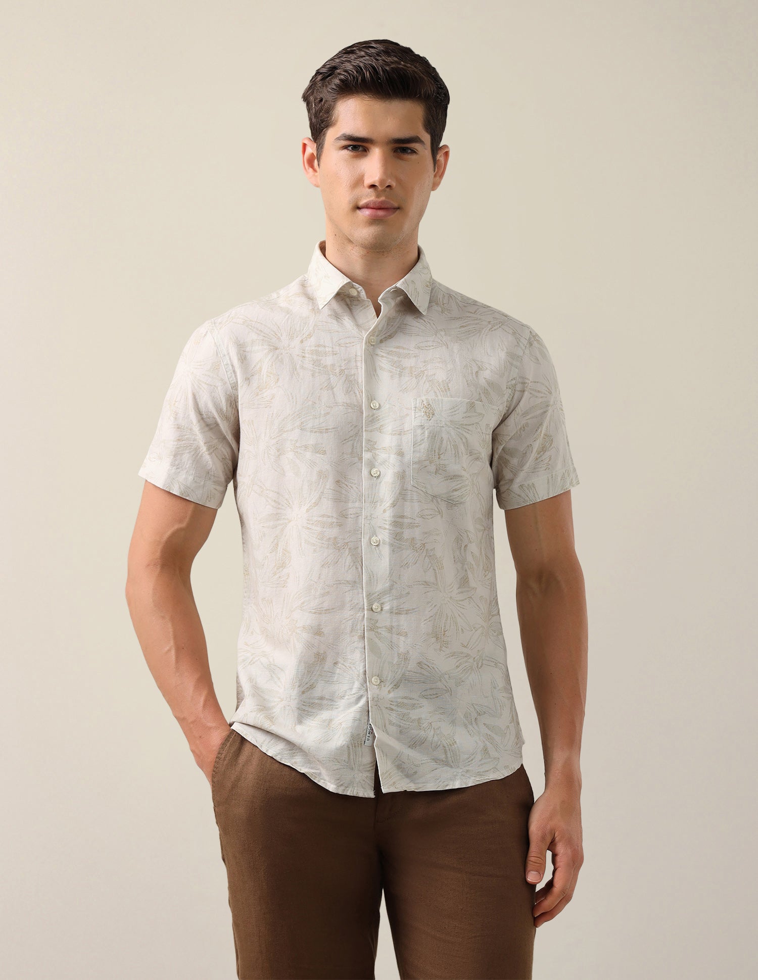 Tropical Printed Cotton Linen Shirt Beige - U.S. Polo Assn. India | Large