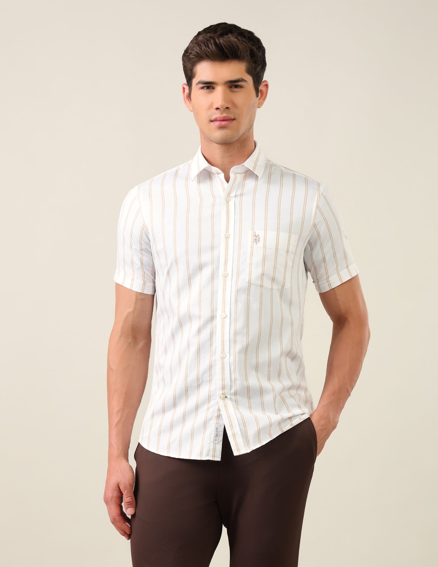 Vertical Striped Tailored Fit Shirt Beige - U.S. Polo Assn. India | Large