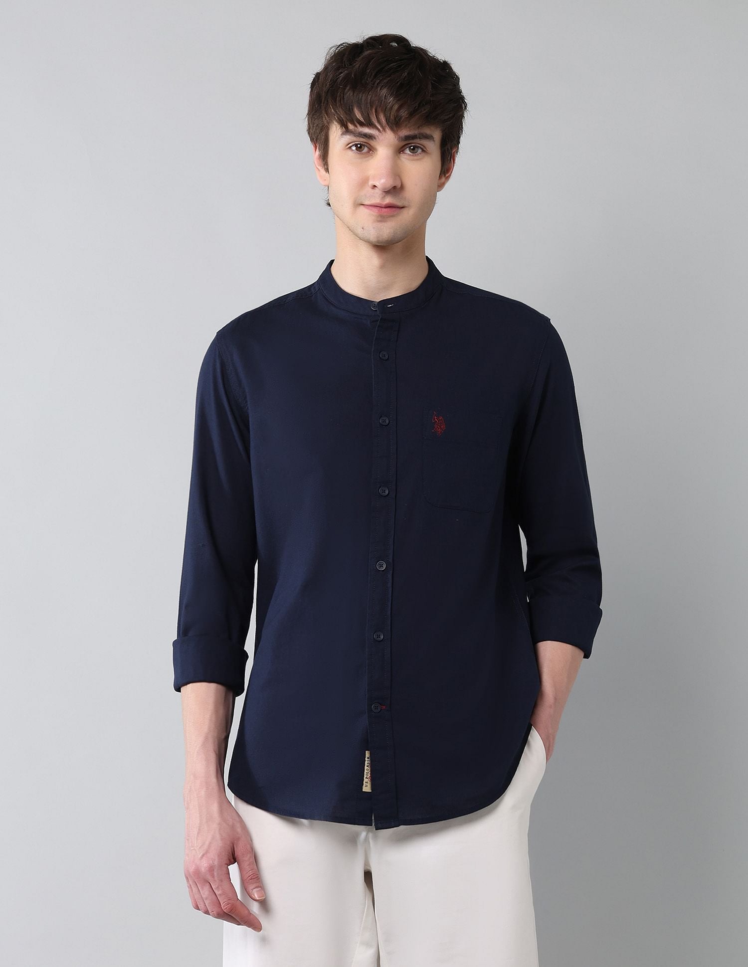 Solid Slub Mandarin Collar Shirt Navy - U.S. Polo Assn. India | Large
