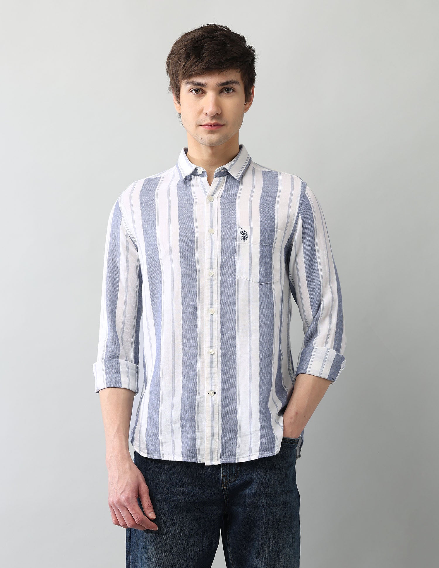 Vertical Striped Regular Fit Dobby Shirt Blue - U.S. Polo Assn. India | Large
