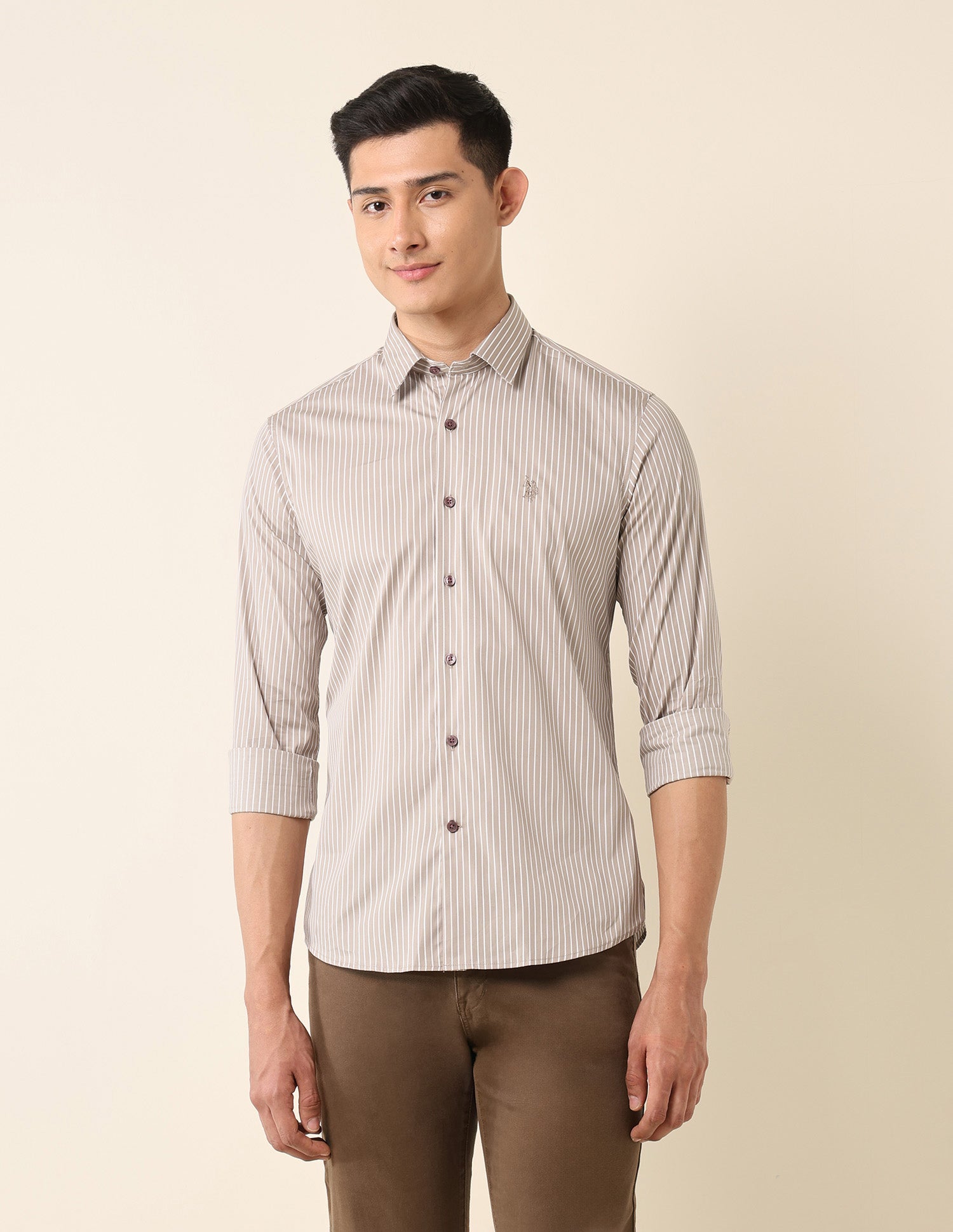 Tailored Fit Vertical Striped Shirt Khaki - U.S. Polo Assn. India | Large