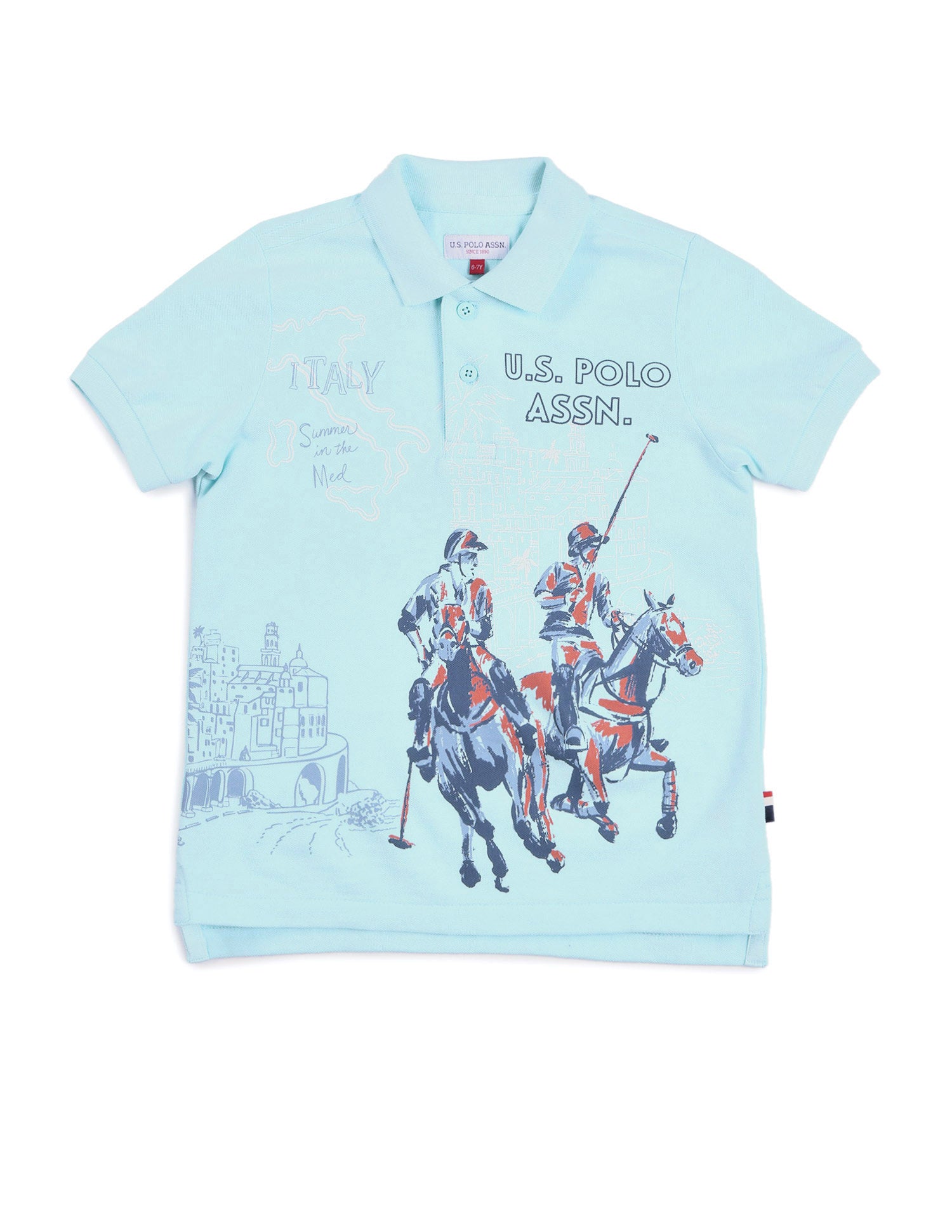 Boys Graphic Printed Pure Cotton Polo Shirt Light Blue - U.S. POLO ASSN. | Large