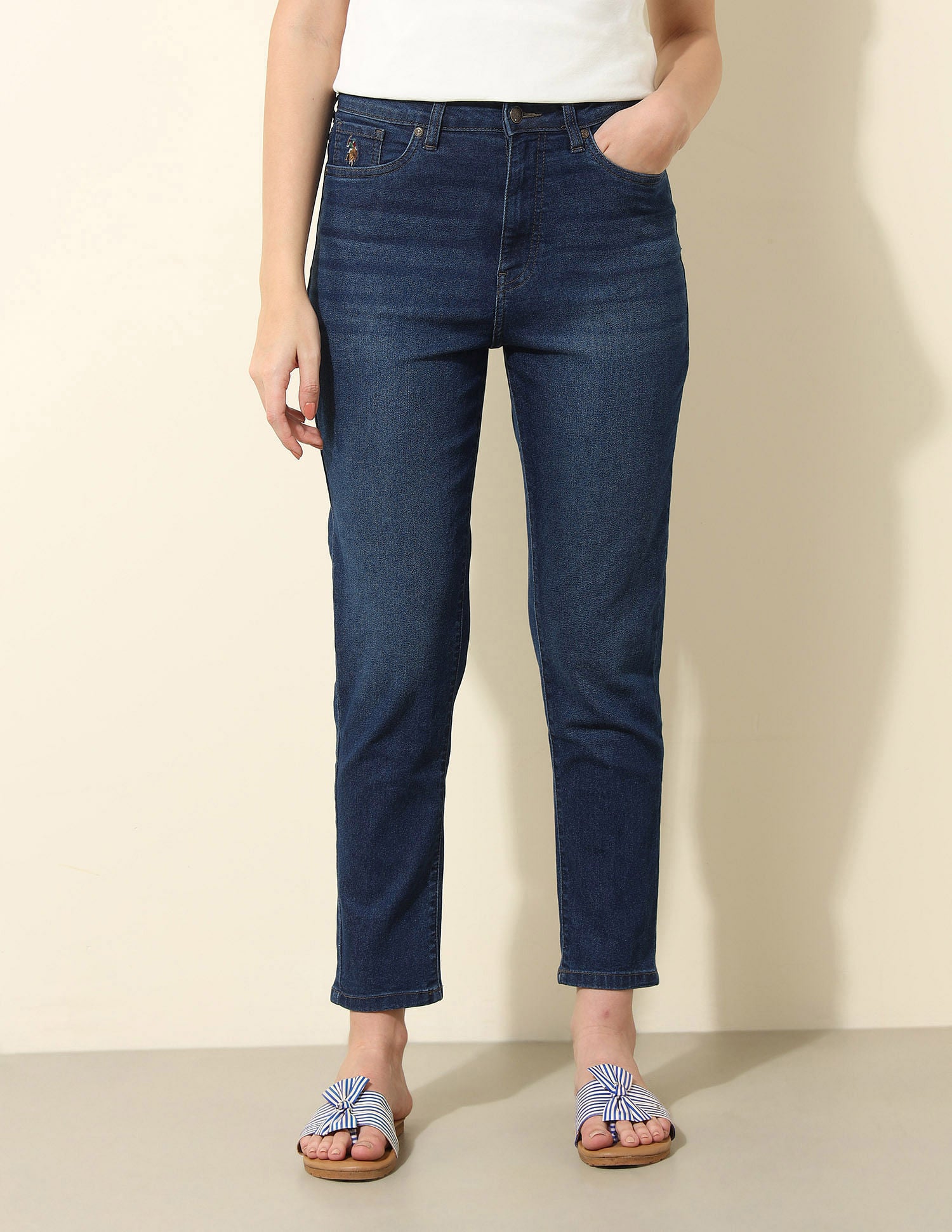 High Rise Mom Fit Jeans Blue - U.S. POLO ASSN. | Large