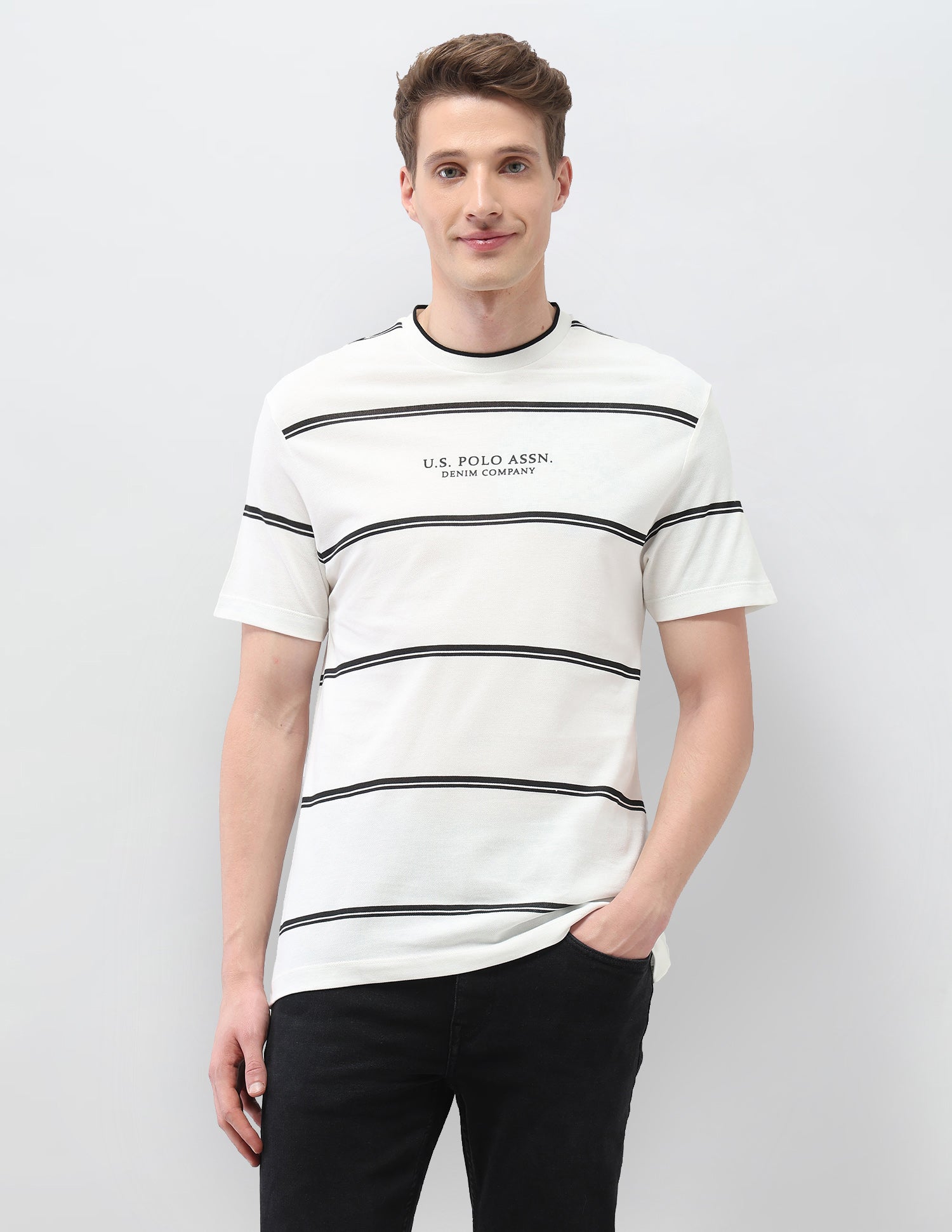 Horizontal Striped Slim Fit Black & Gold T-Shirt Ivory - U.S. Polo Assn. India | Large