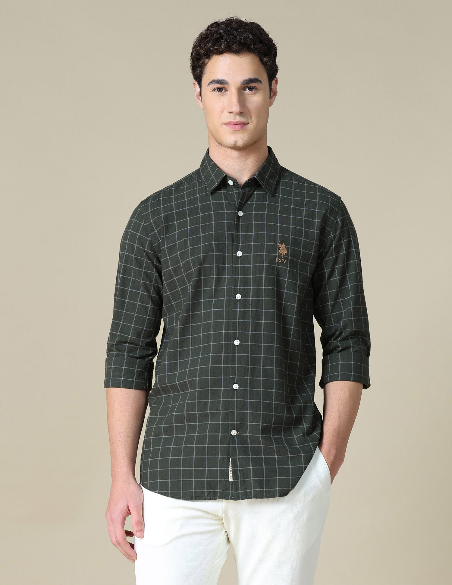 Graph Checked Seersucker Shirt Dark Olive - U.S. Polo Assn. India | Large