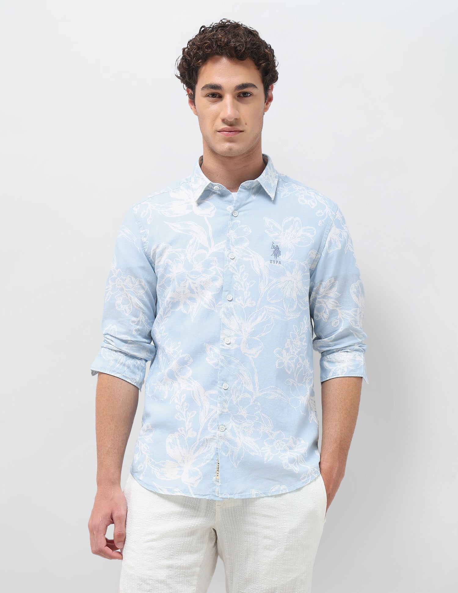 Floral Printed Regular Fit Shirt Light Blue - U.S. Polo Assn. India | Large