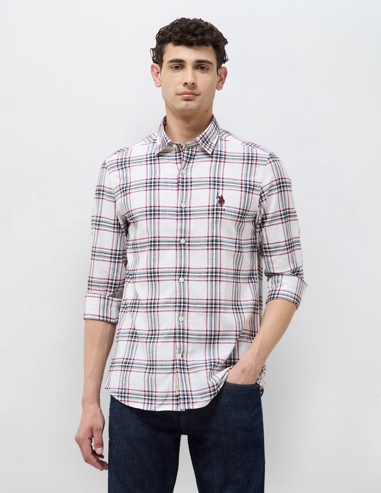 Grid Tattersall Checked Regular Fit Shirt Off White - U.S. POLO ASSN. | Large