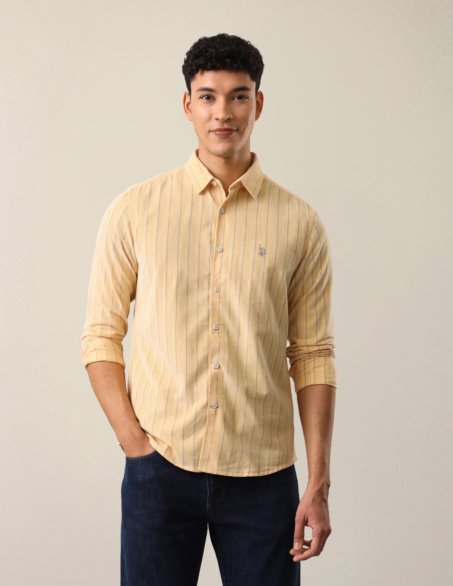 Corduroy Vertical Striped Shirt Light Yellow - U.S. Polo Assn. India | Large