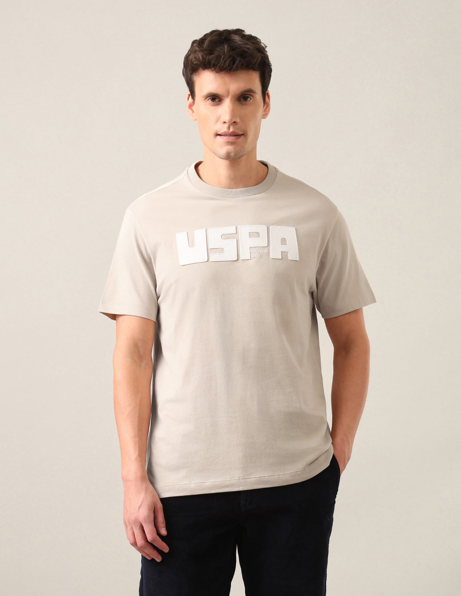 Brand Embossed Regular Fit T-Shirt Beige - U.S. Polo Assn. India | Large