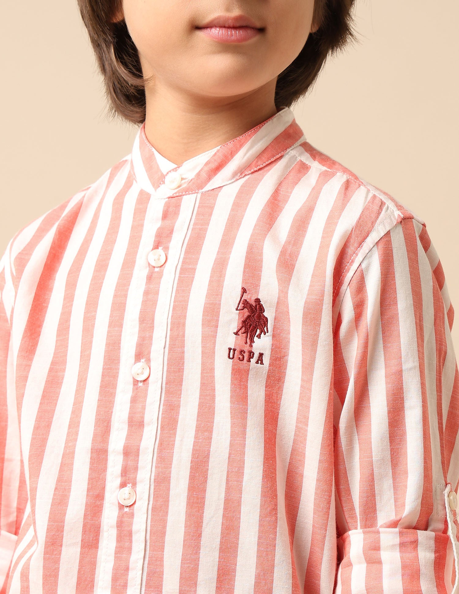 Boys Vertical Striped Mandarin Shirt Orange - U.S. POLO ASSN. | Large