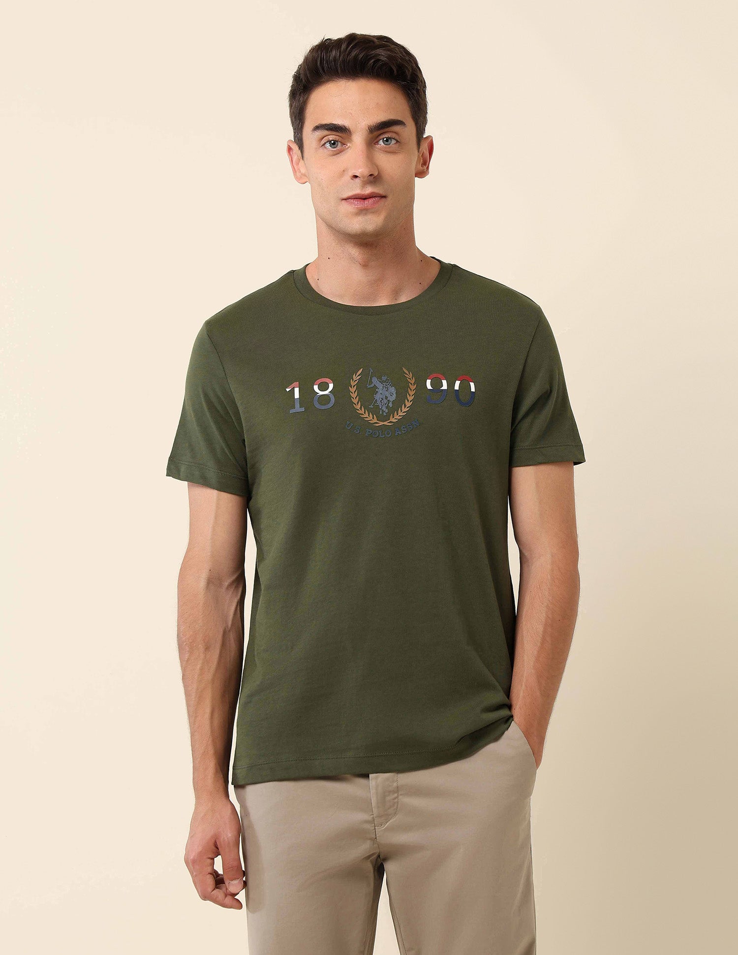 Slim Fit Brand Embossed T- Shirt Olive Green - U.S. Polo Assn. India | Large