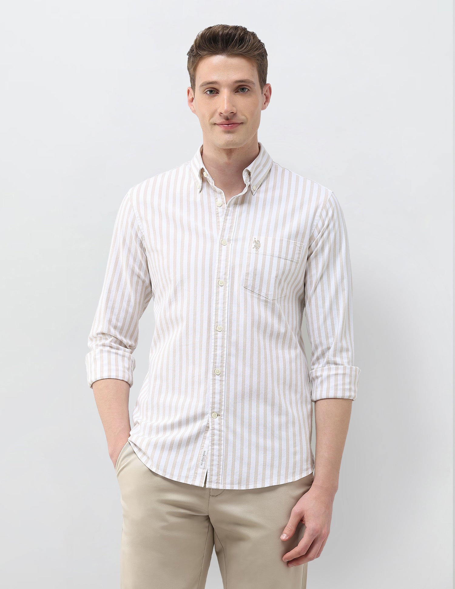 Vertical Striped Regular Fit Shirt Beige - U.S. Polo Assn. India | Large