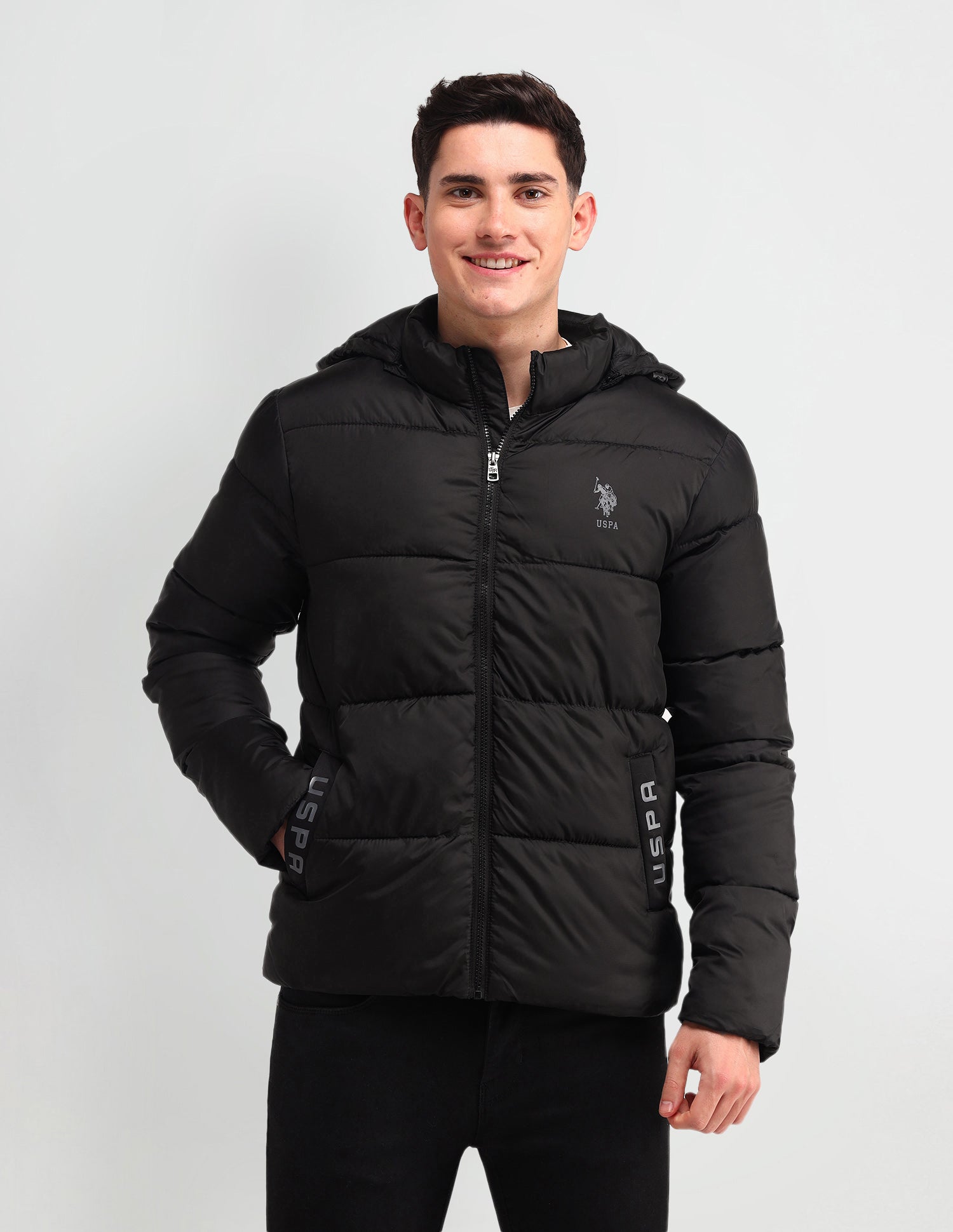 Solid Hooded Puffer Jacket Black - U.S. Polo Assn. India | Large