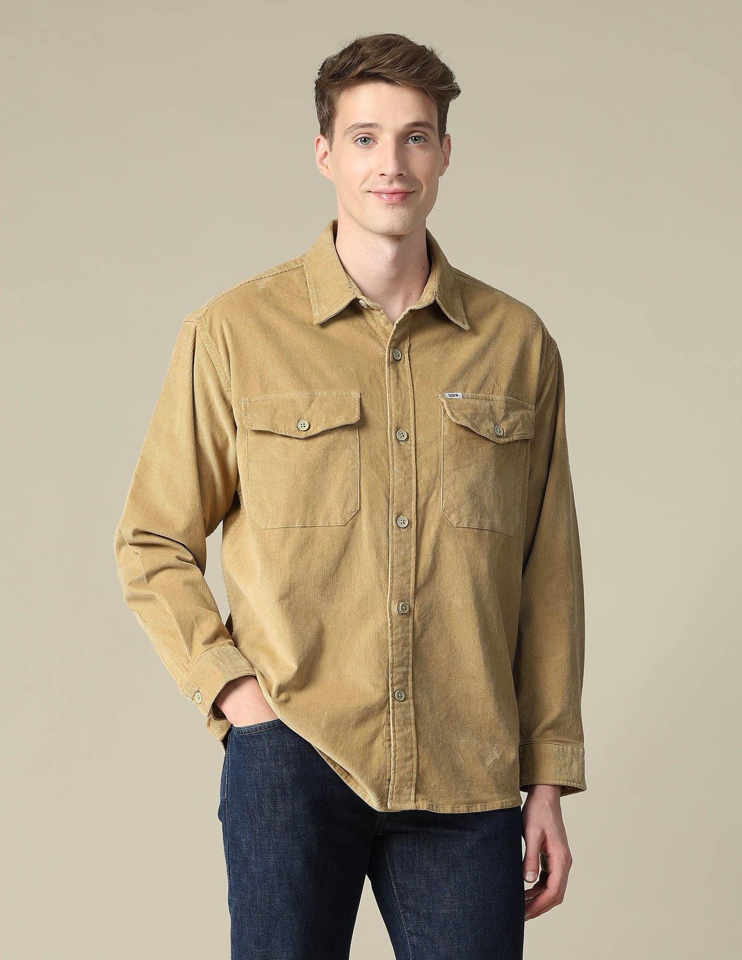 Solid Regular Fit Shirt Khaki - U.S. Polo Assn. India | Large