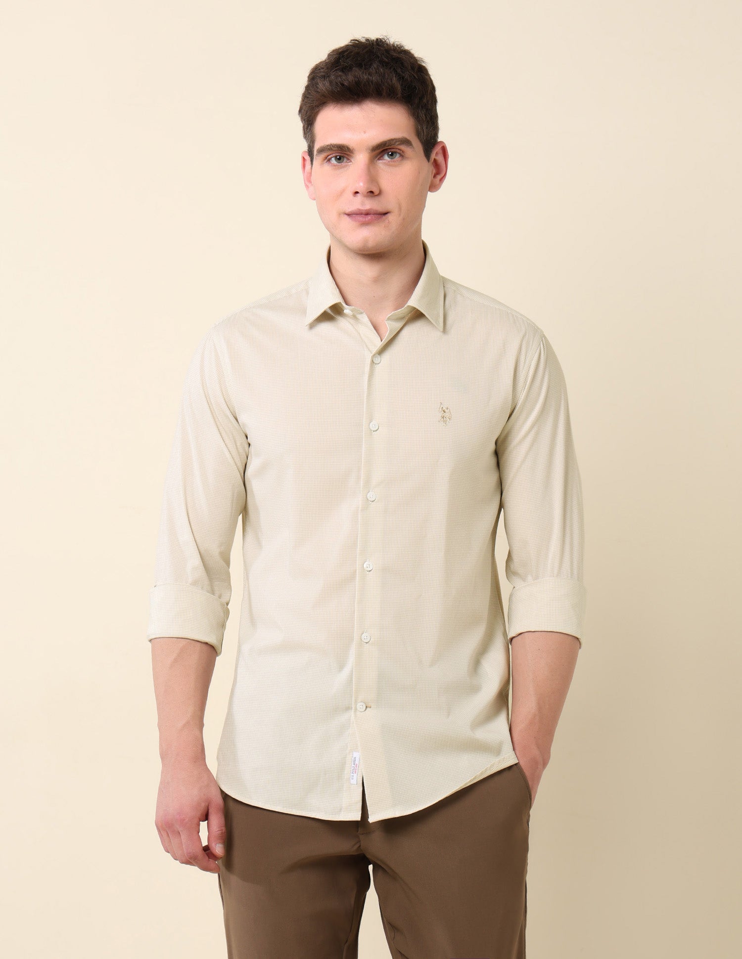 Micro Checked Tailored Fit Shirt Beige - U.S. Polo Assn. India | Large