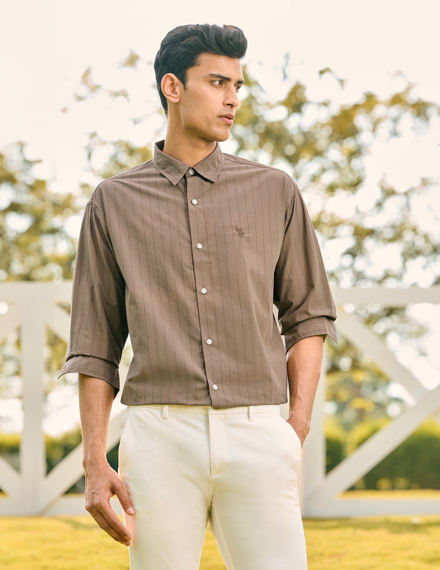 Pacho X Vertical Striped Tailored Fit Shirt Brown - U.S. POLO ASSN. | Large