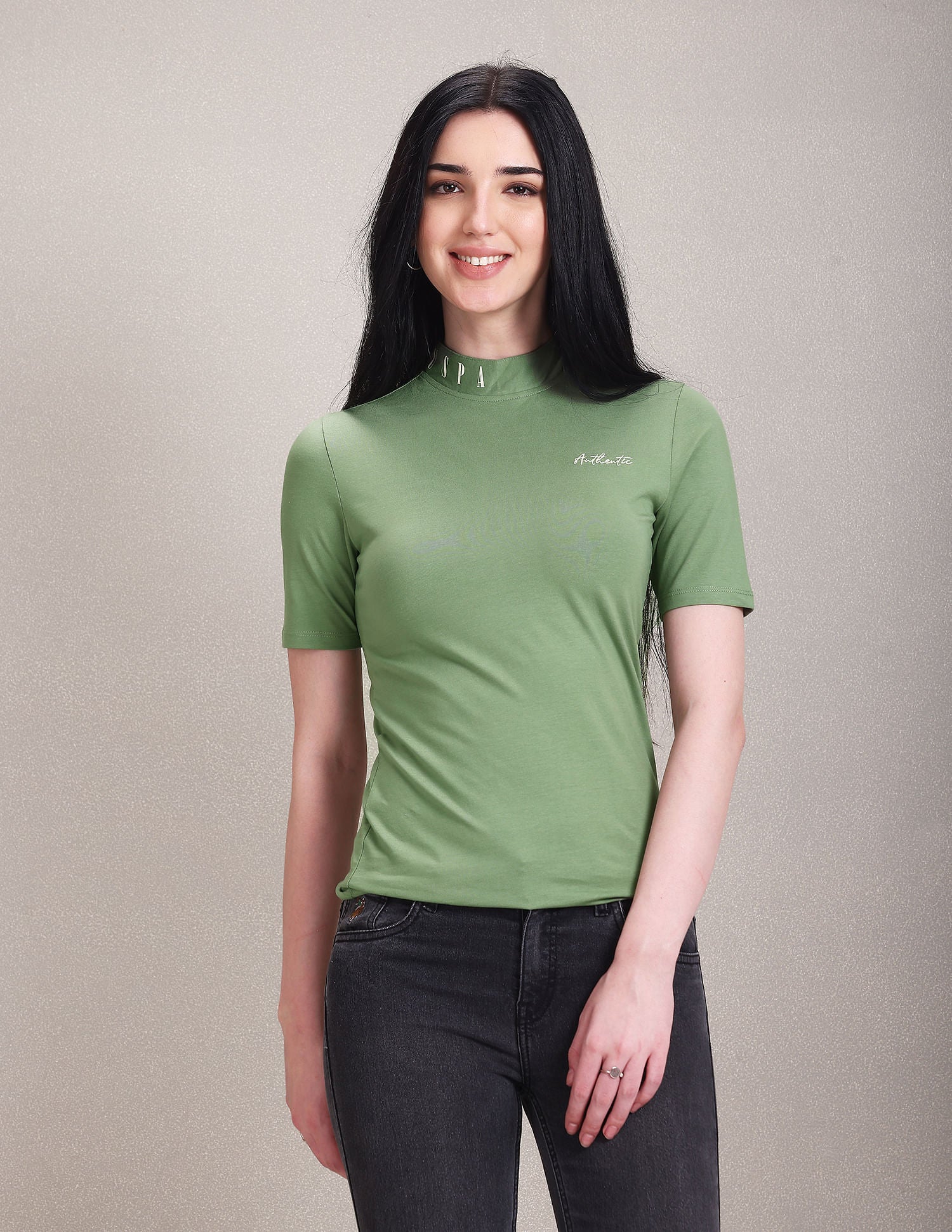 Mock Neck Solid T-Shirt Green - U.S. Polo Assn. India | Large