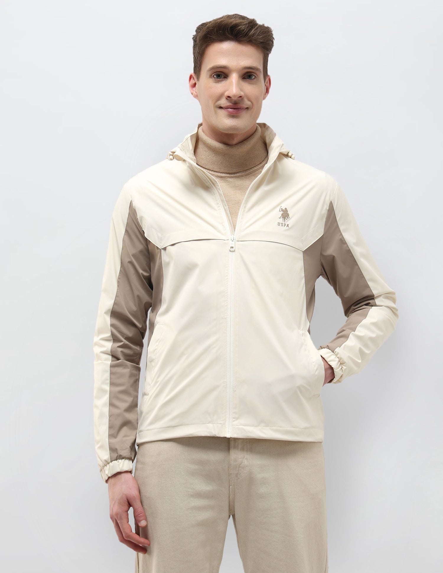 Packable Detachable Hood Colour Blocked Jacket Beige - U.S. Polo Assn. India | Large