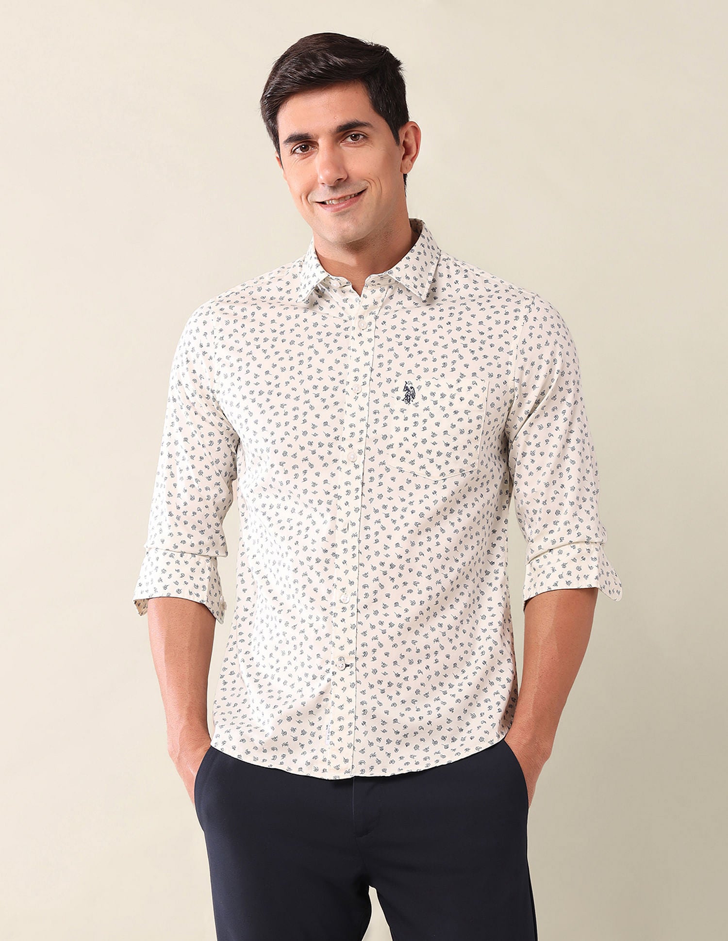 Tailored Fit Printed Shirt Off White - U.S. Polo Assn. India | Large