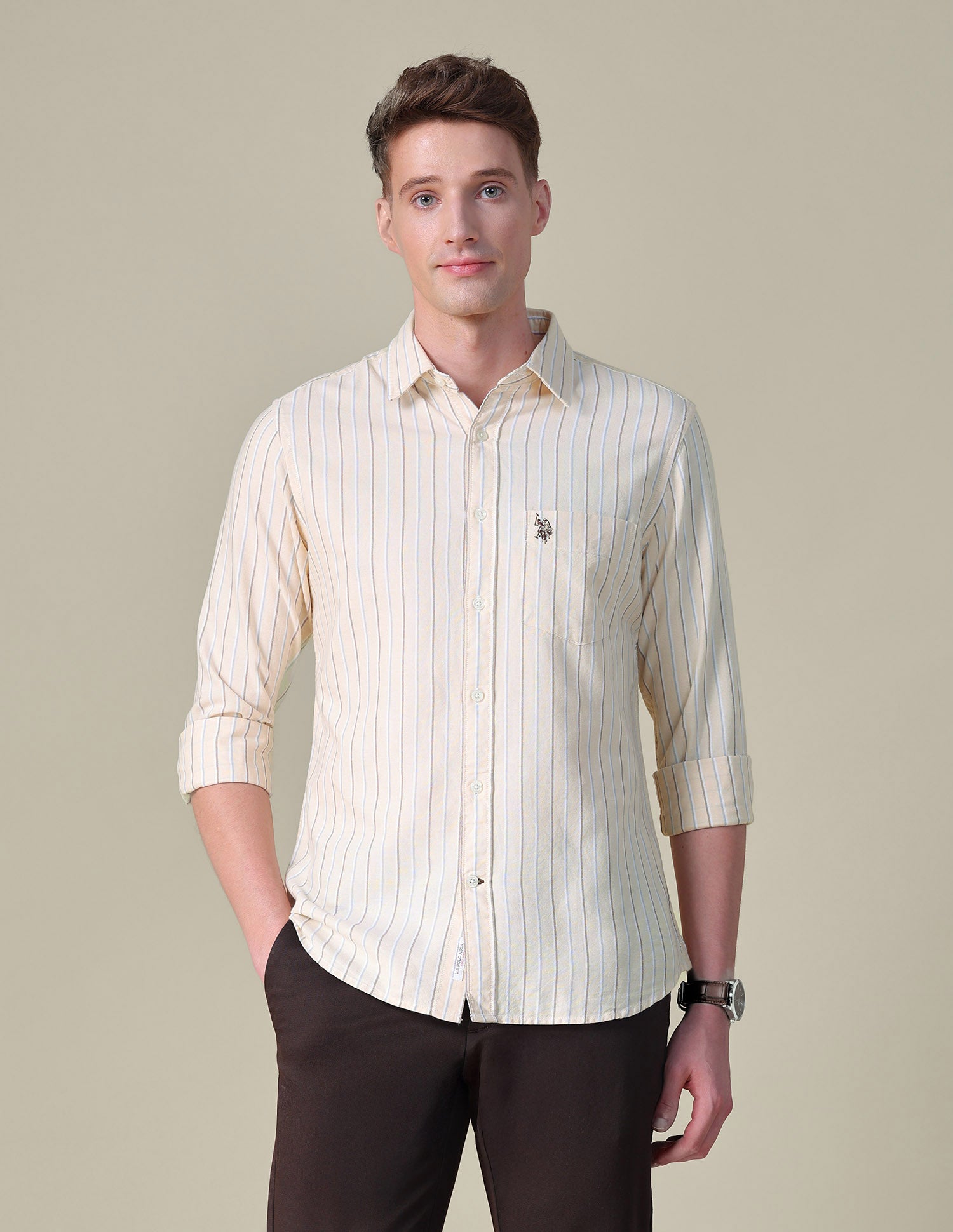 Vertical Striped Tailored Fit Shirt Light Yellow - U.S. POLO ASSN. | Large
