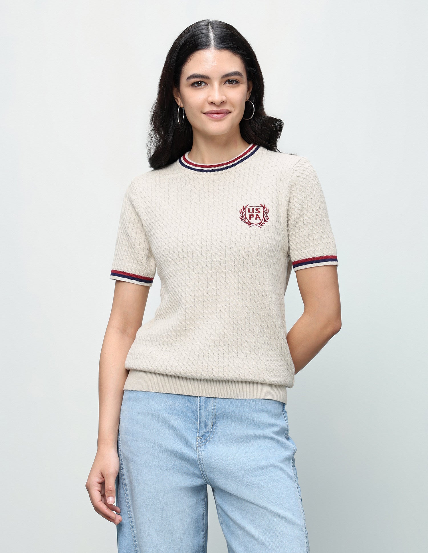 Cable Knit Boxy Fit Top Beige - U.S. Polo Assn. India | Large