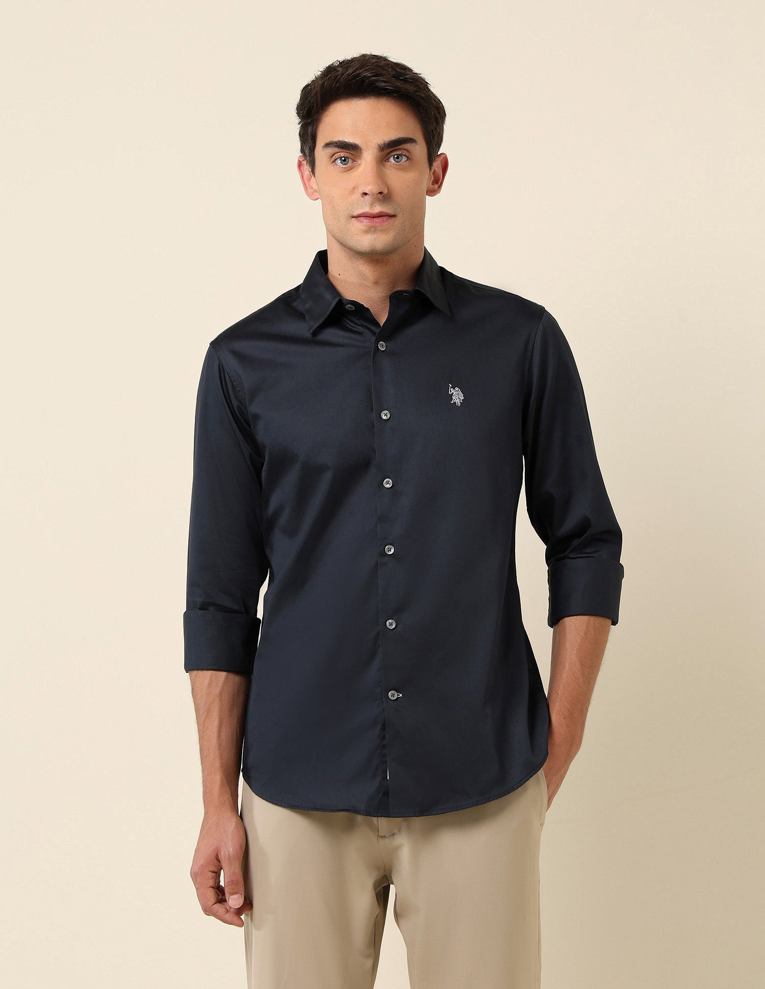 Tailored Fit Satin Pure Cotton Shirt Navy - U.S. Polo Assn. India | Large