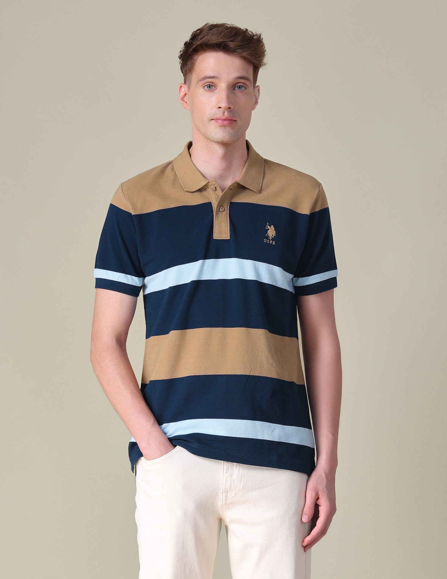 Colorblocked Boxy Fit Polo Shirt Beige - U.S. POLO ASSN. | Large