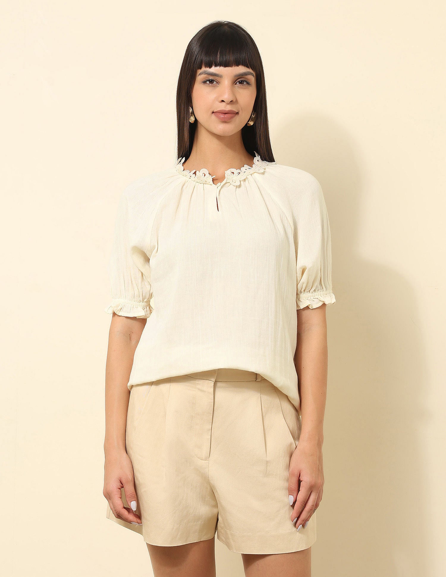 Solid Lace Deatil Top Ecru - U.S. POLO ASSN. | Large