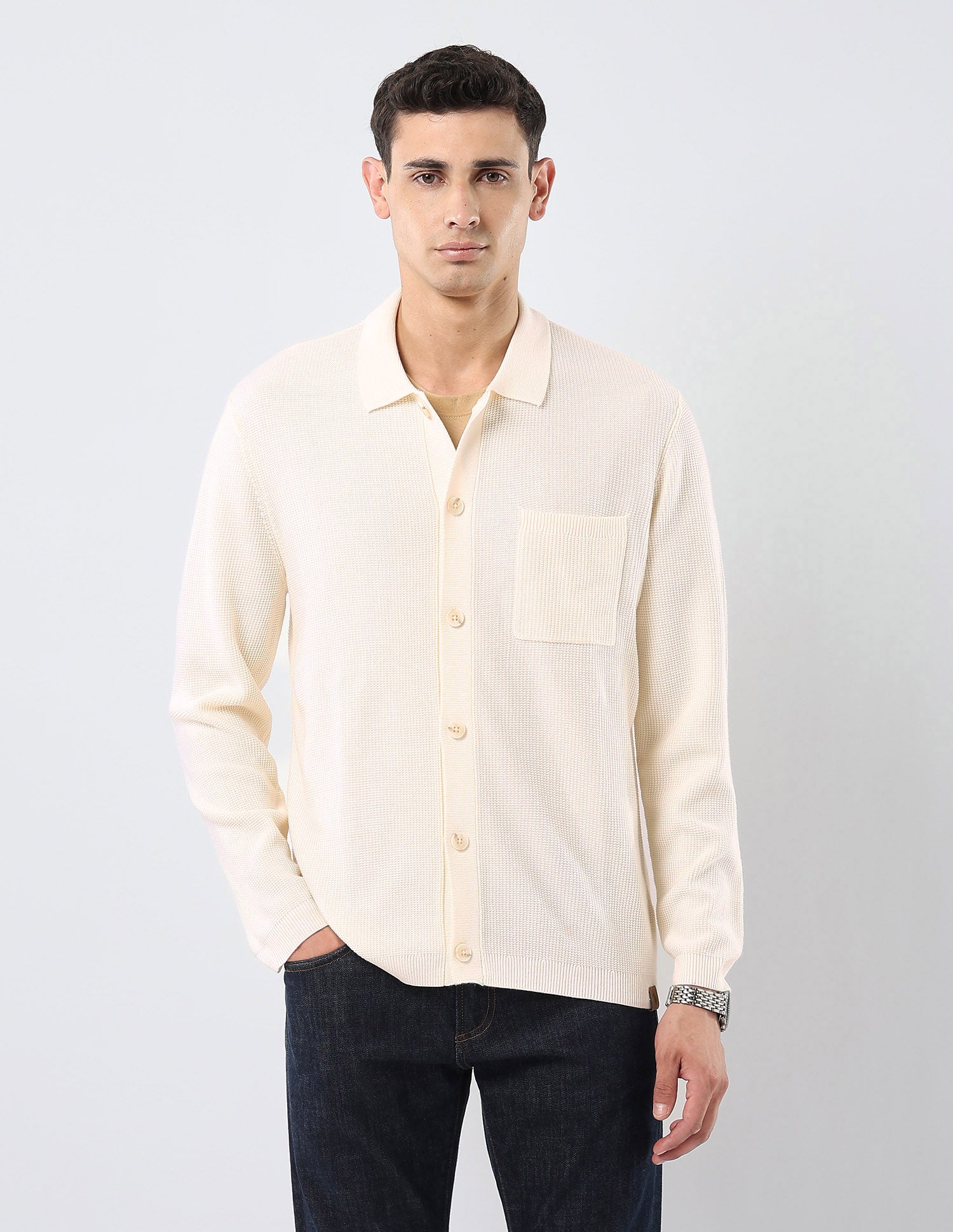 Patterned Knit Polo Neck Sweater Off White - U.S. POLO ASSN. | Large