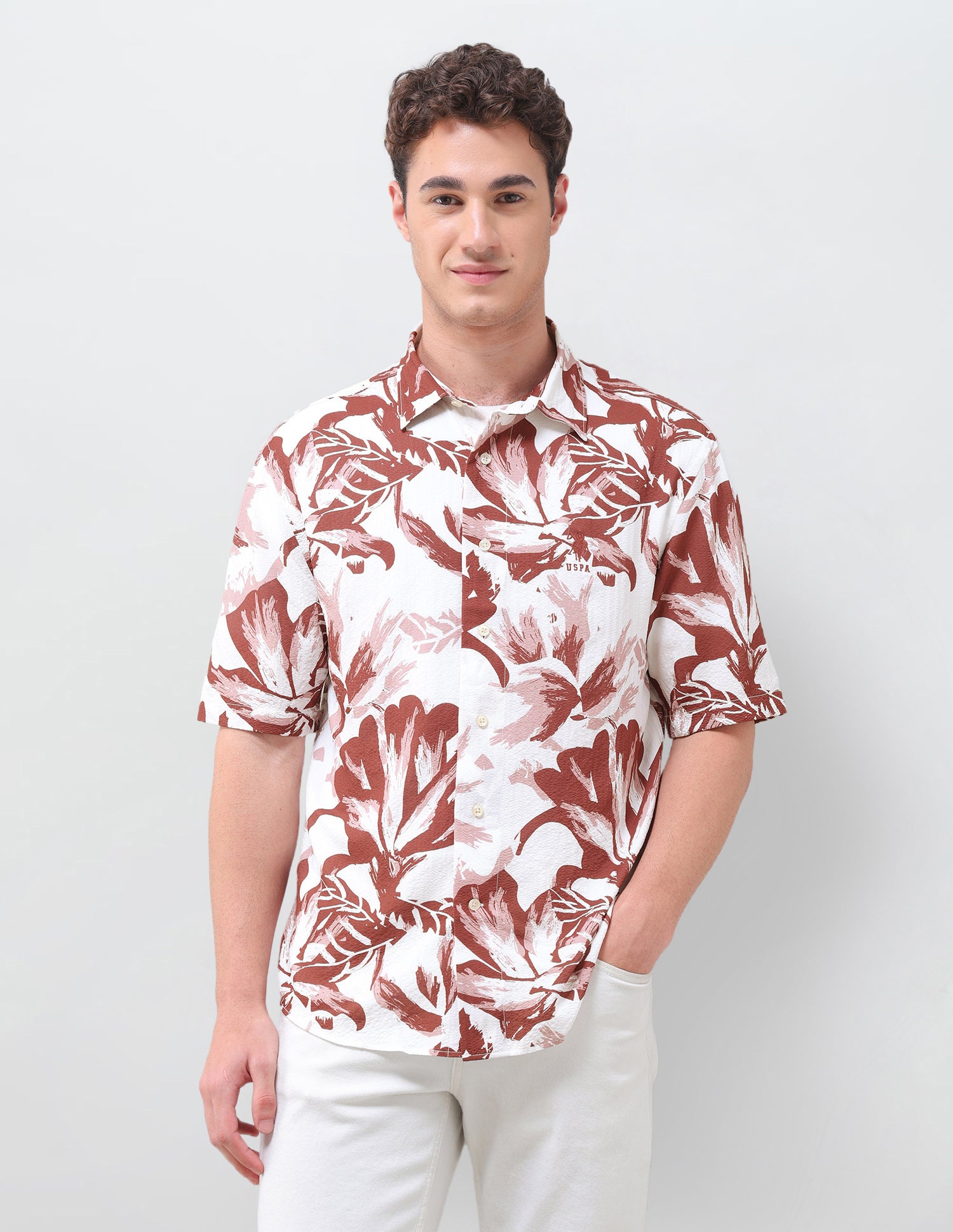 Floral Printed Crinkle Weave Shirt Rust - U.S. Polo Assn. India | Large
