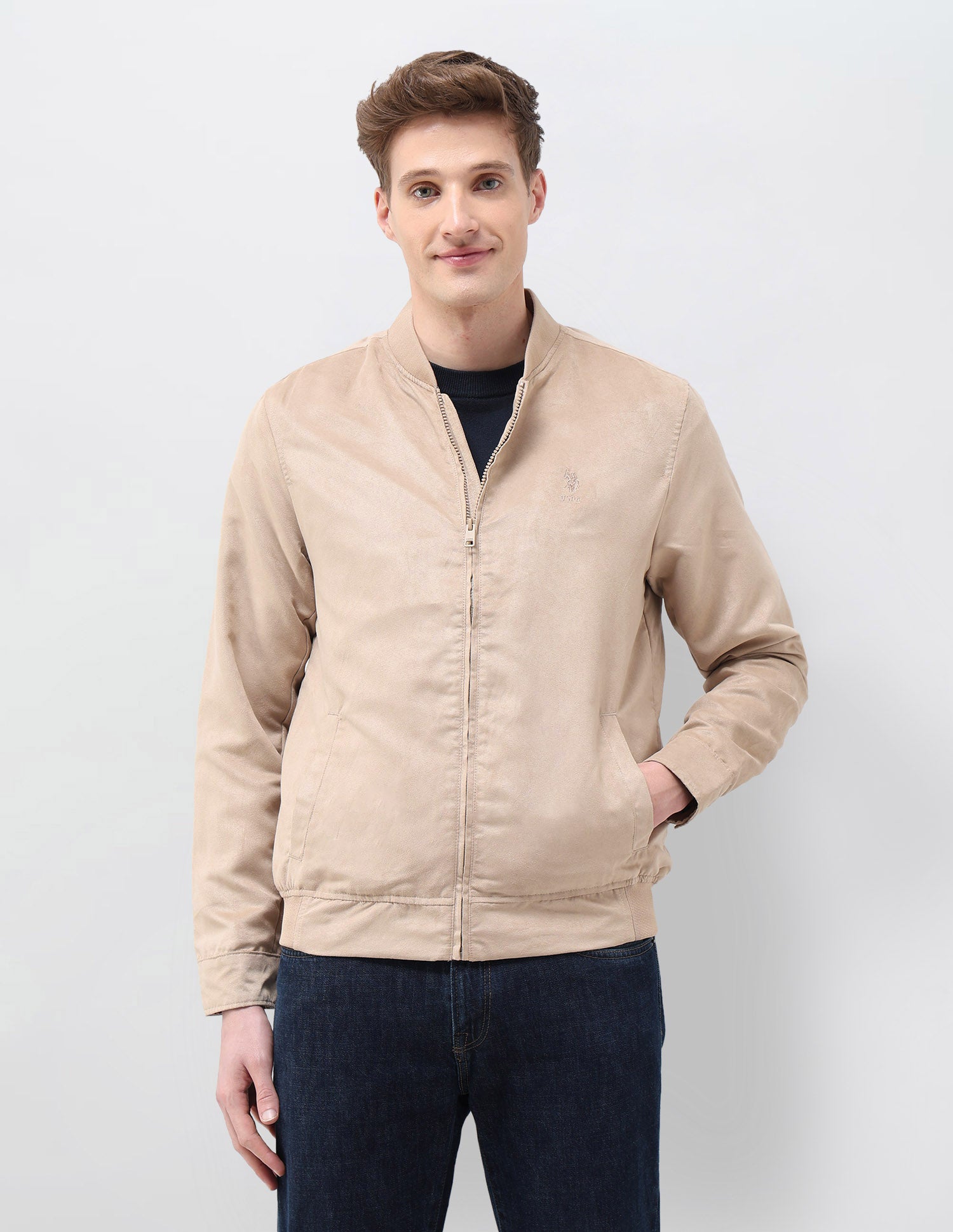 Solid Regular Fit Bomber Jacket Ecru - U.S. Polo Assn. India | Large