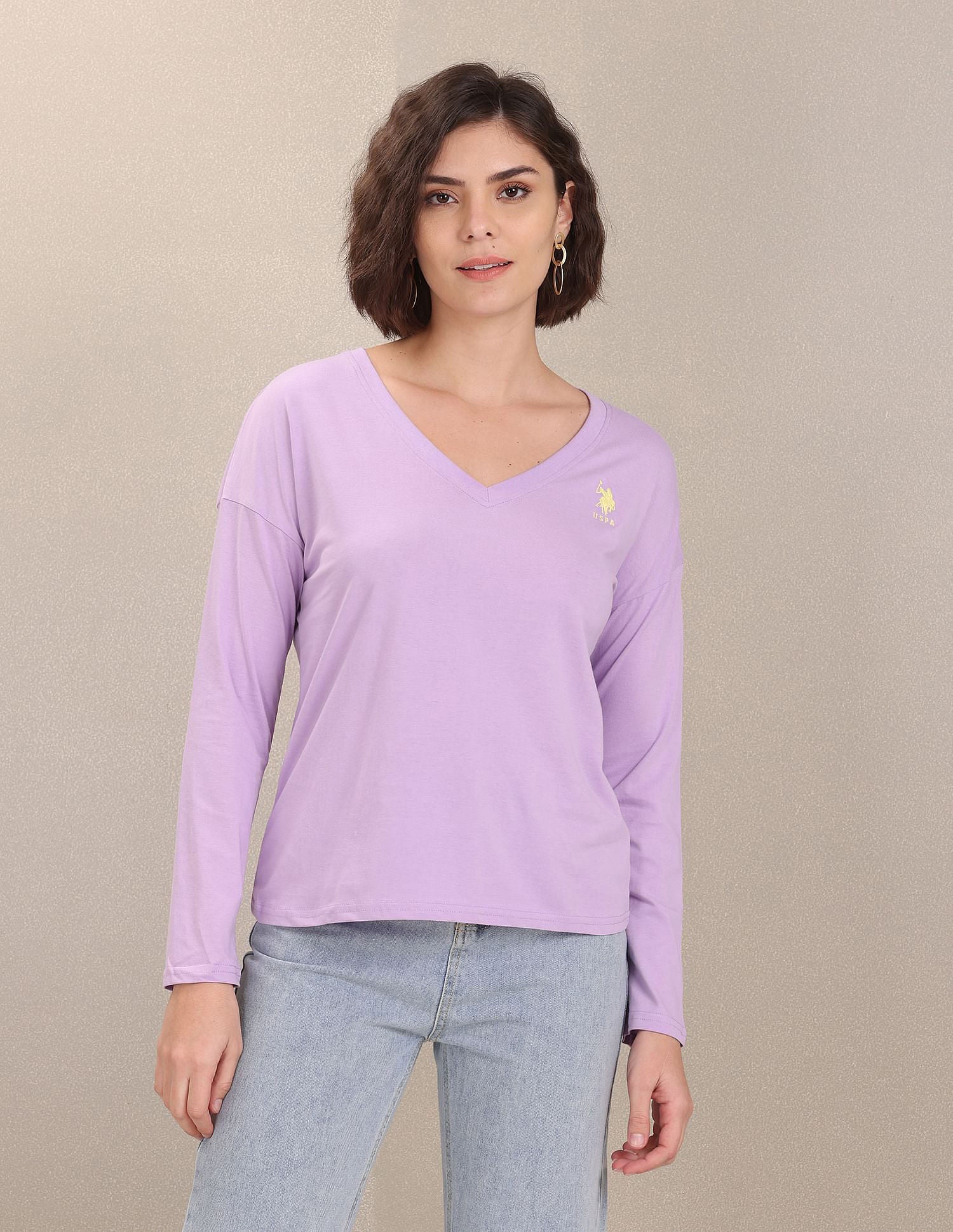 V-Neck Long Sleeve Cotton Top Lavender - U.S. Polo Assn. India | Large