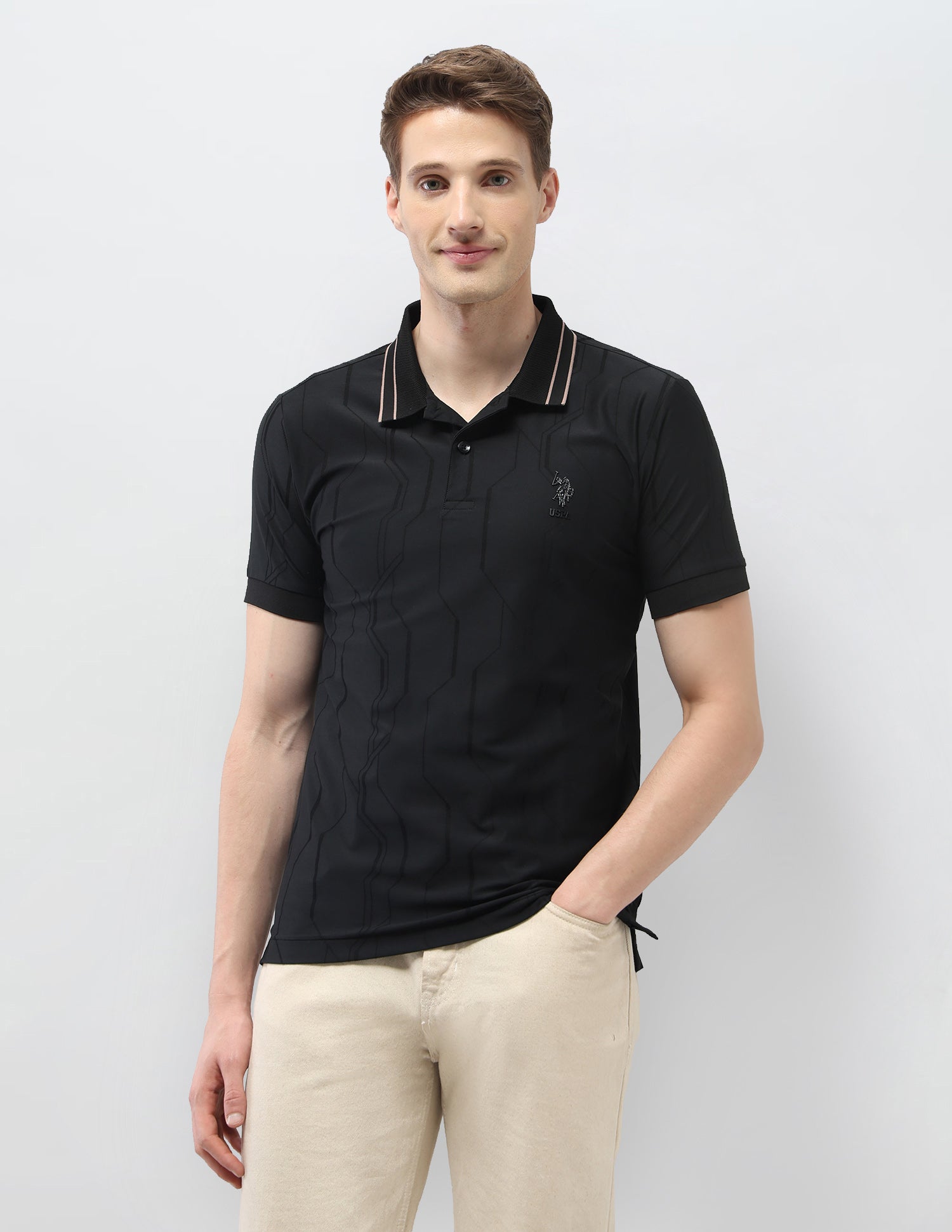 Textured Geometric Slim Fit Black & Gold Polo Shirt Black - U.S. Polo Assn. India | Large