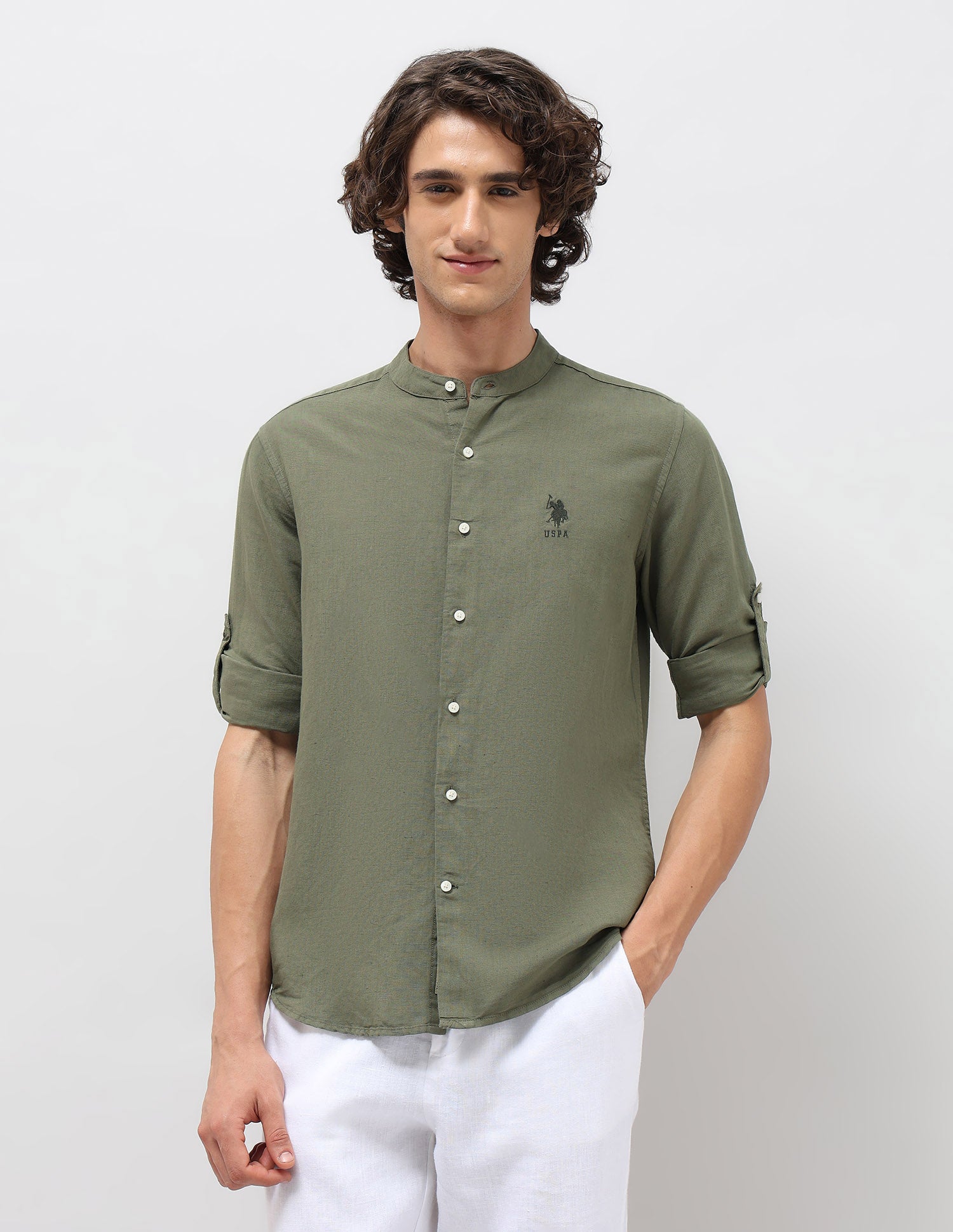 Solid Regular Fit Mandarin Shirt Olive - U.S. POLO ASSN. | Large