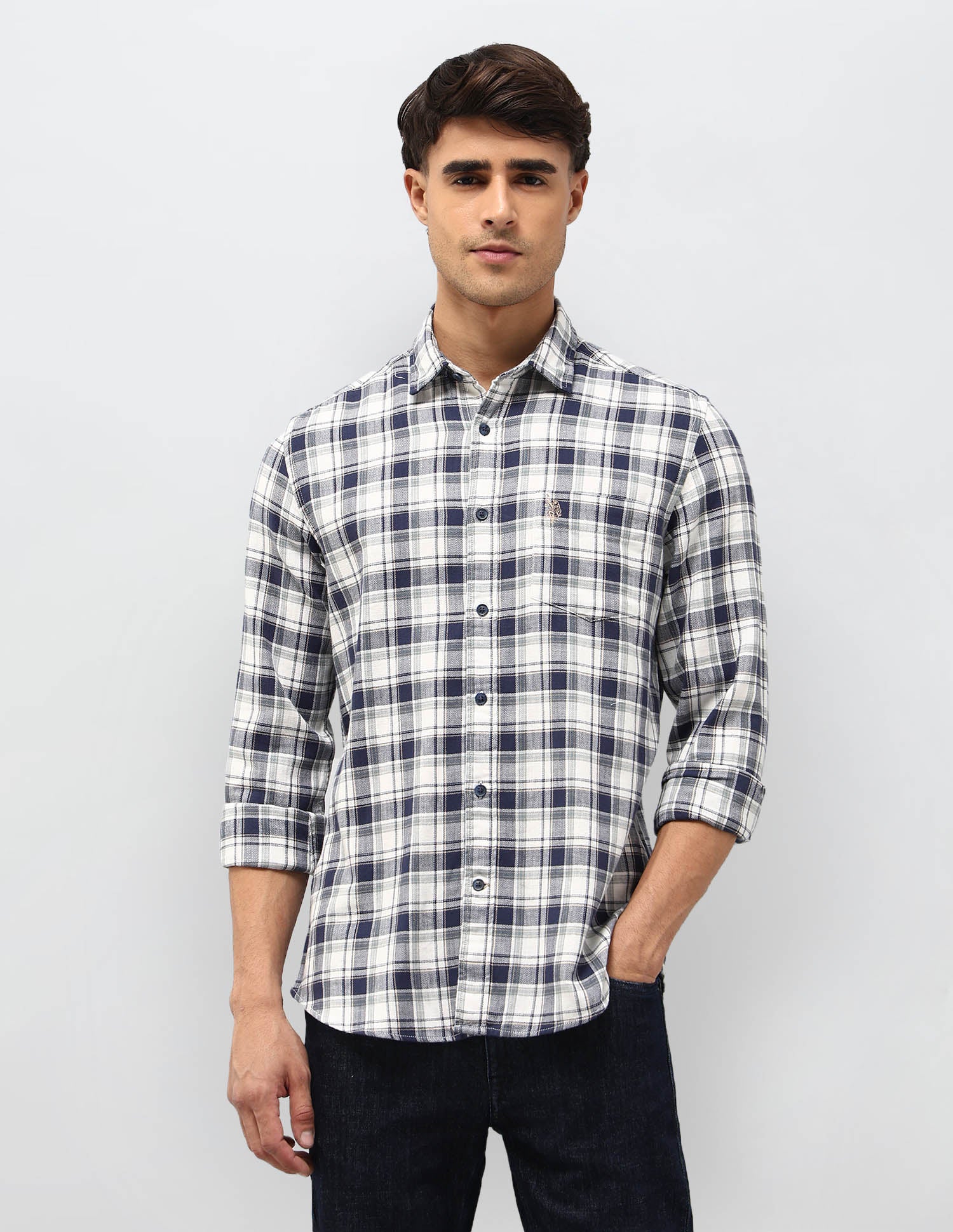 Tartan Checked Herringbone Shirt Dark Blue - U.S. POLO ASSN. | Large