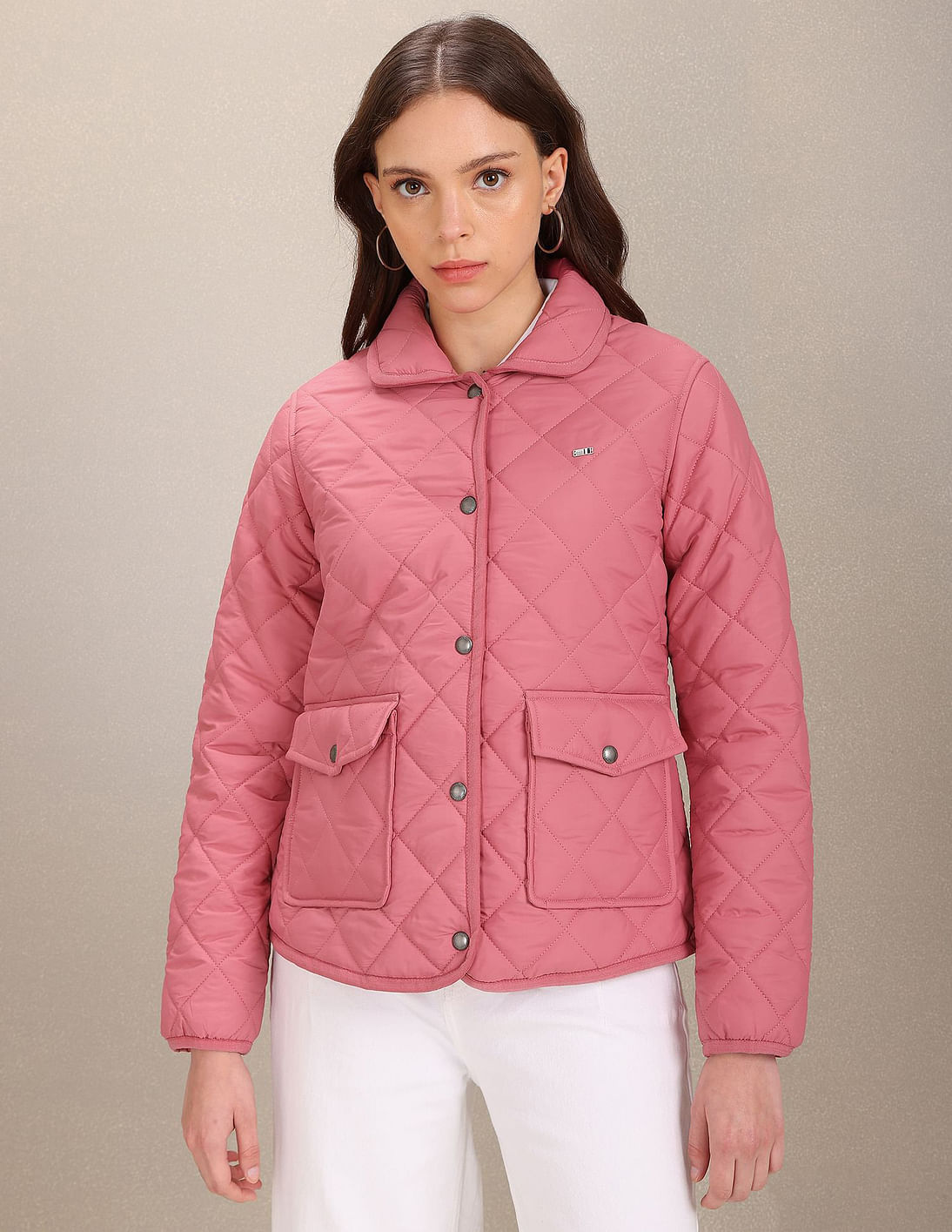 Snap Button Closure Solid Padded Jacket Pink - U.S. Polo Assn. India | Large