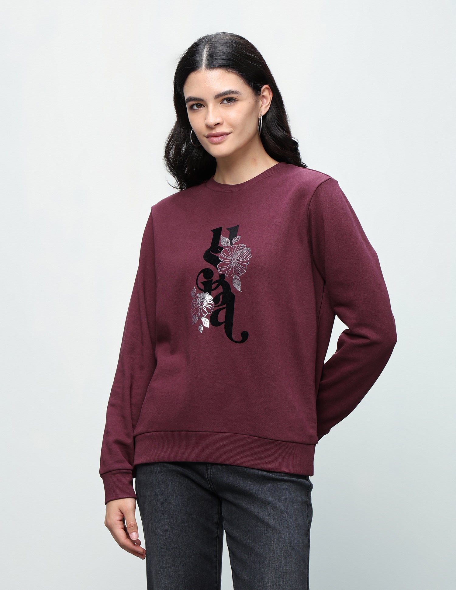 Brand Floral Embellished Regular Fit Sweatshirt Purple - U.S. Polo Assn. India | Large