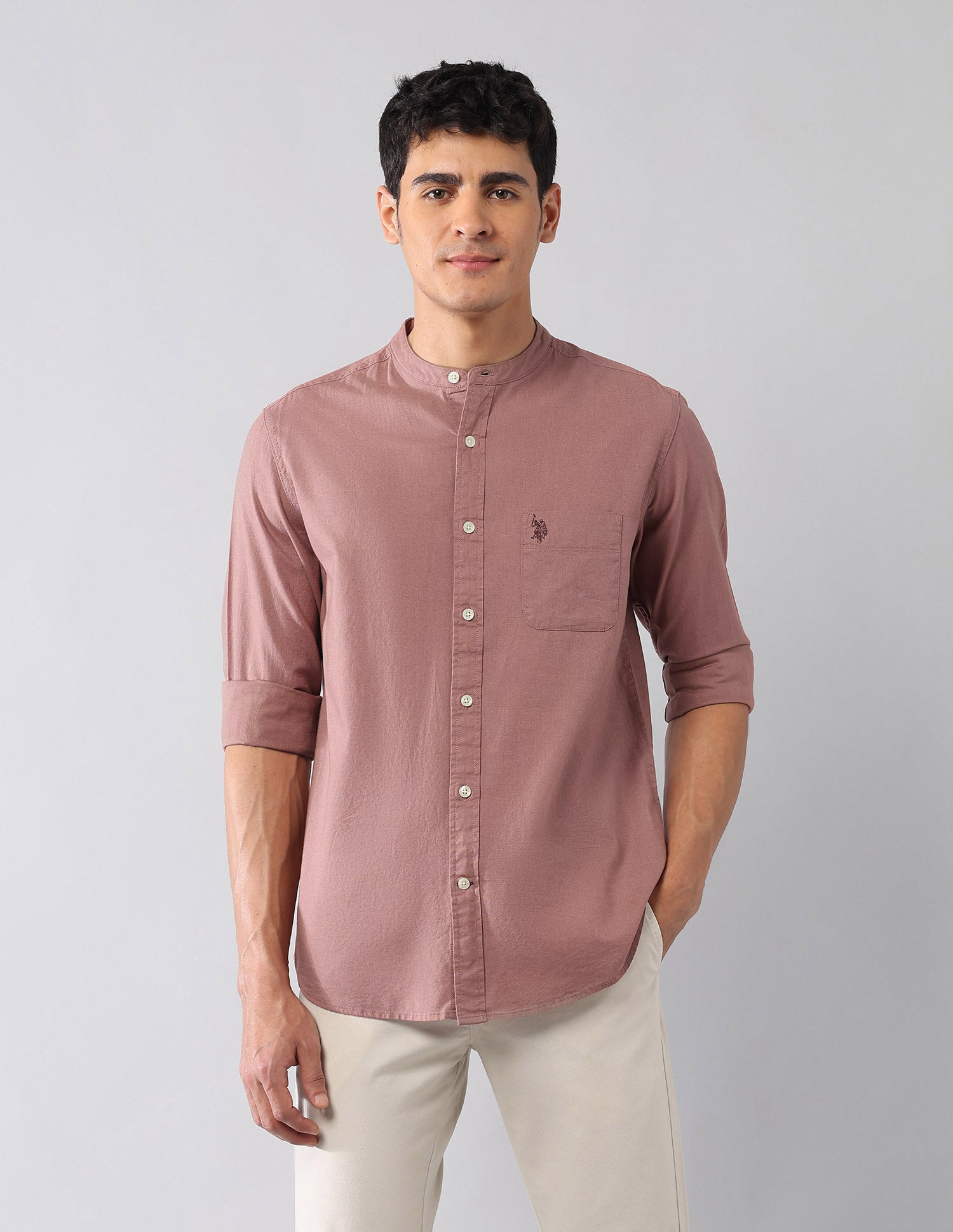 Solid Regular Fit Mandarin Shirt Pink - U.S. Polo Assn. India | Large