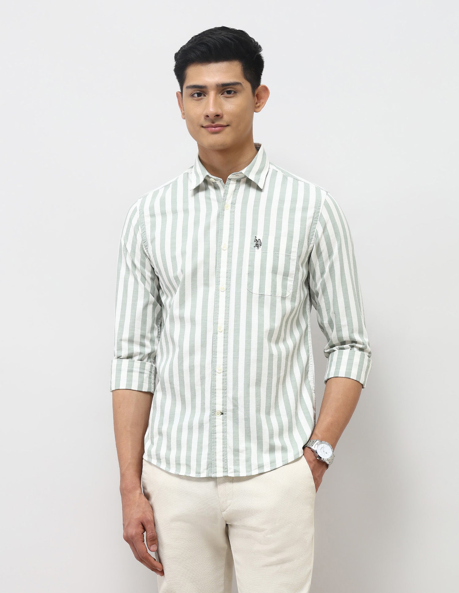 Vertical Striped Pure Cotton Shirt Light Green - U.S. Polo Assn. India | Large